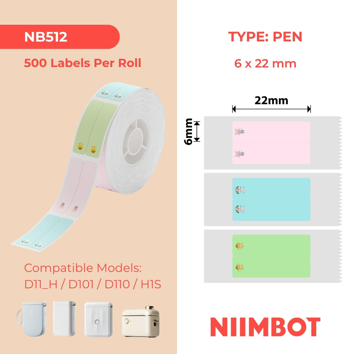 NB512 - NIIMBOT - D11 / D101 / D110 - TERMIESE ETIKETTE - T6*22/2L - 500 ETIKETTE PER ROL - MEERKLEURIGE OUTJIEKE TROETELDIER VERTIKALE PENPLAKKERS (SKRYFBEHOEFTES)