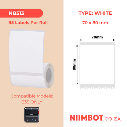NB513 - NIIMBOT - B3S ONLY - T70X80MM - 95 LABELS PER ROLL - WHITE