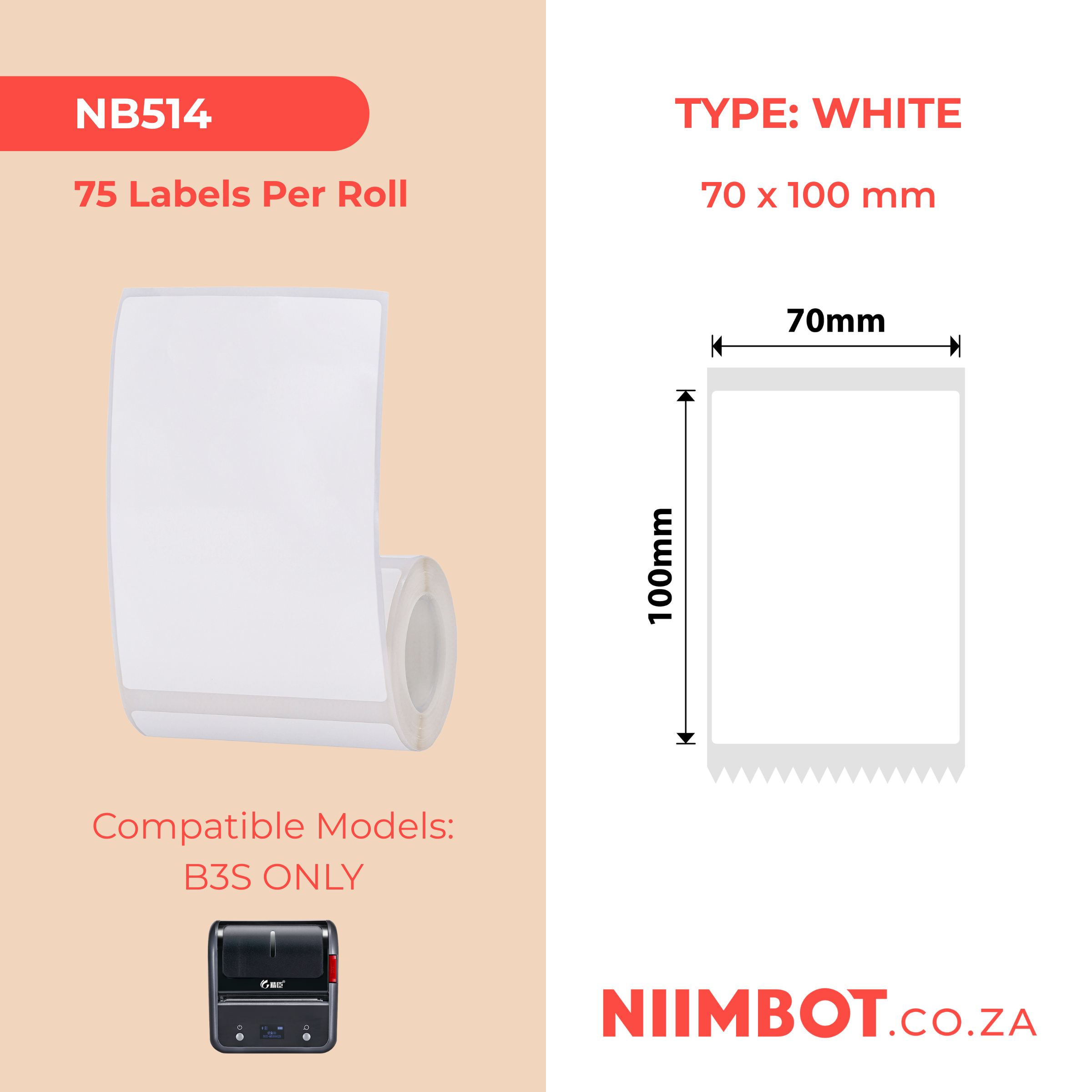 NB514 - NIIMBOT - B3S ONLY - T70X100MM - 75 LABELS PER ROLL - WHITE