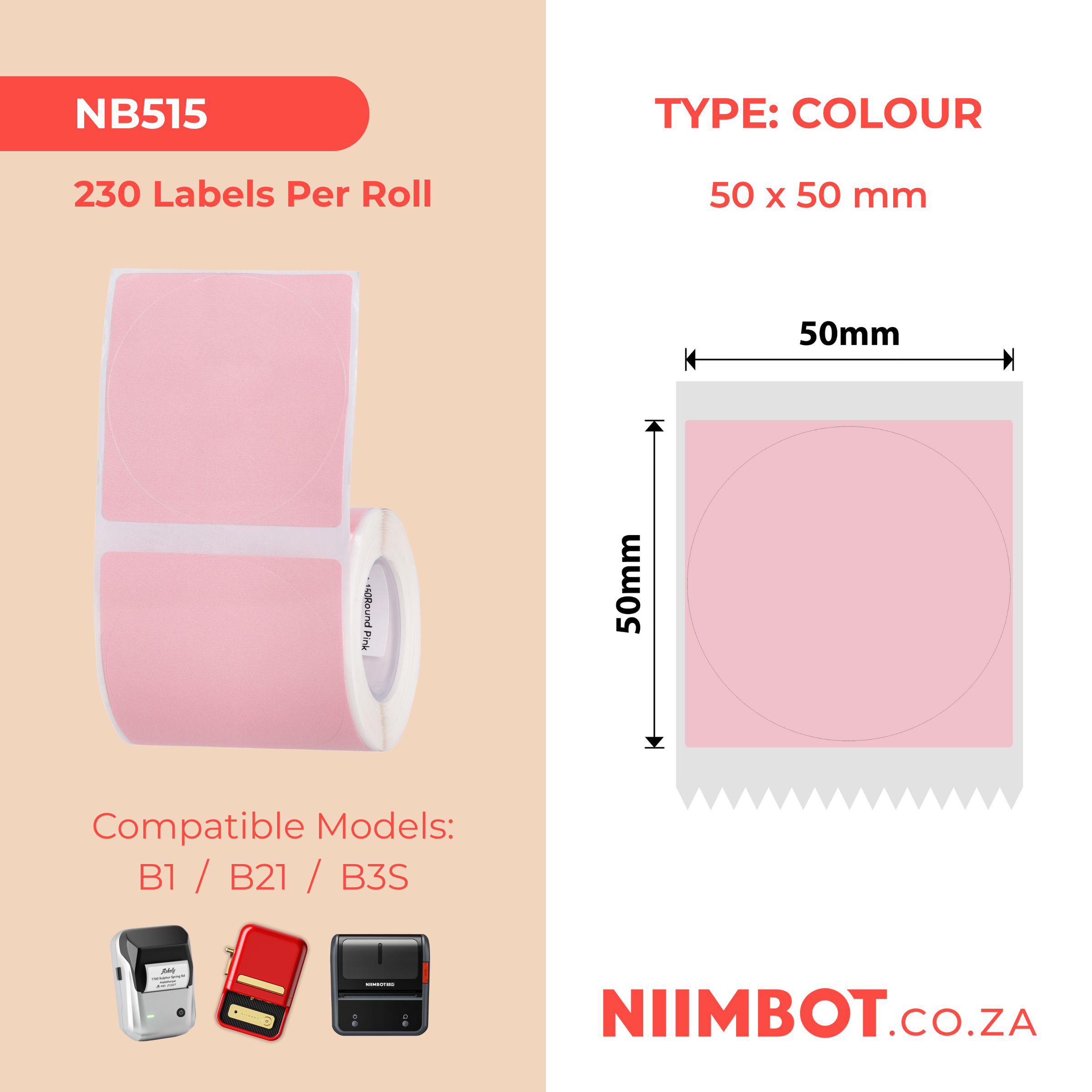 NB515 - NIIMBOT - B1 / B21 / B3S - R50X50MM - 150 LABELS PER ROLL - ROUND - PINK