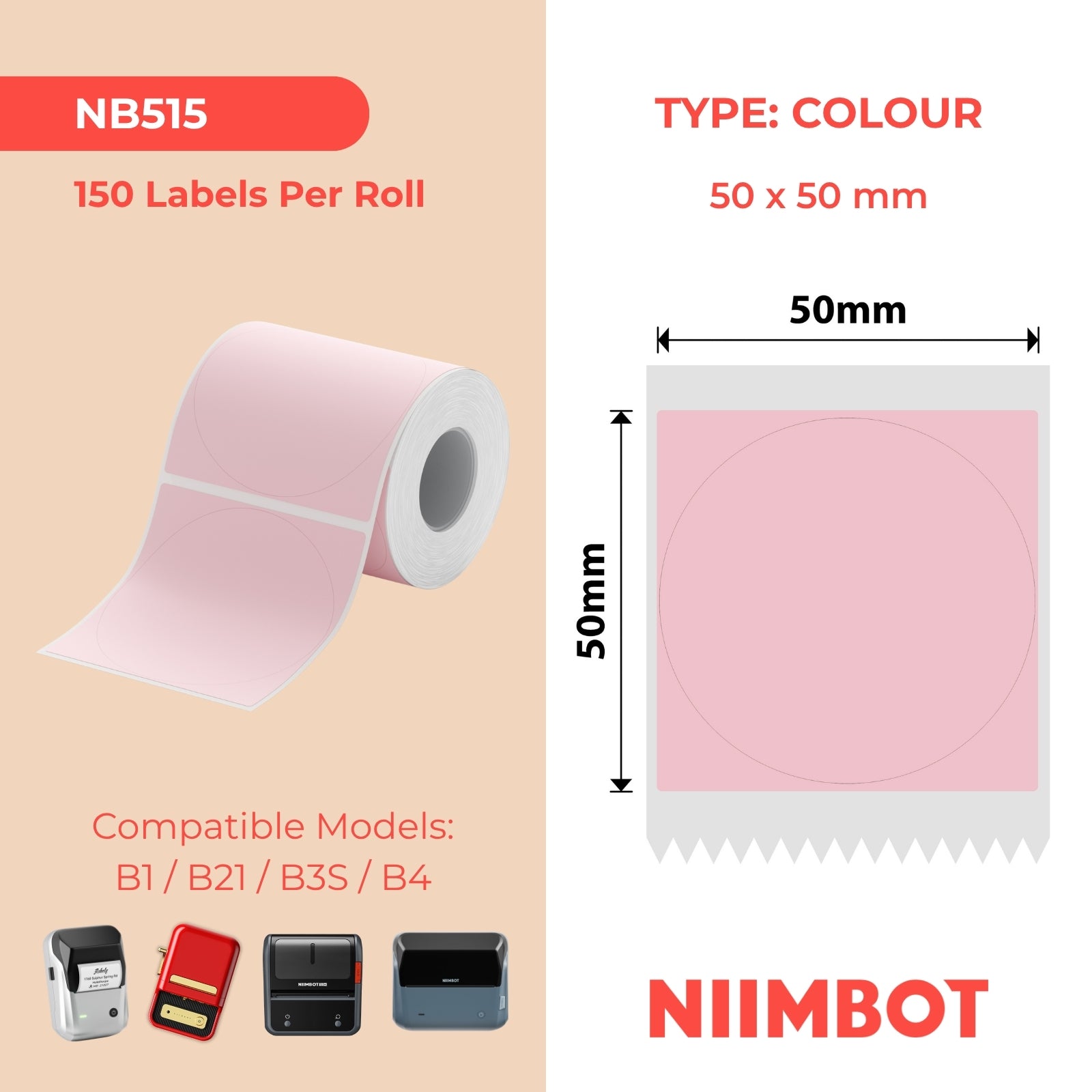 NIIMBOT - B Range - 50x50mm - Pink Round - 150 Labels