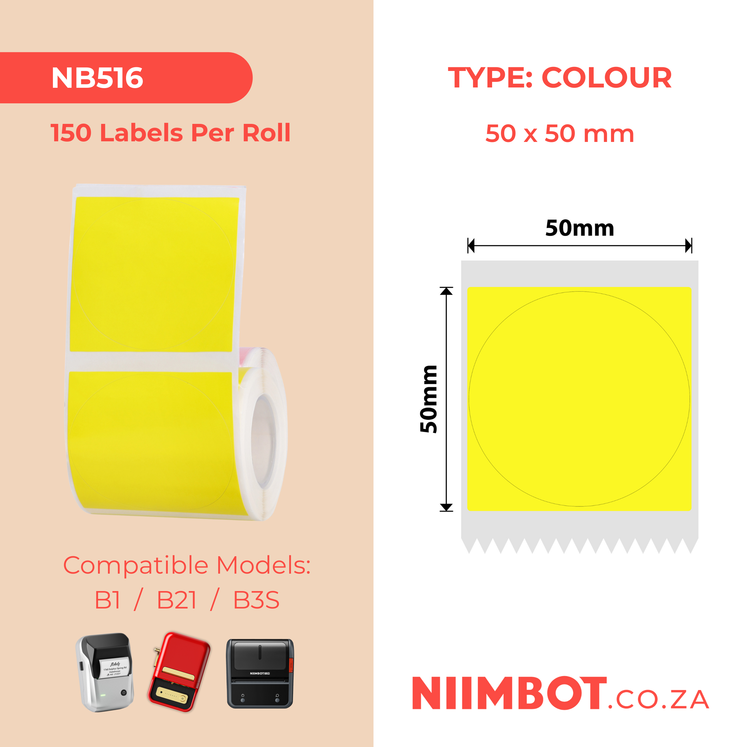 NB516 - NIIMBOT - B1 / B21 / B3S - R50X50MM - 150 LABELS PER ROLL - ROUND - YELLOW