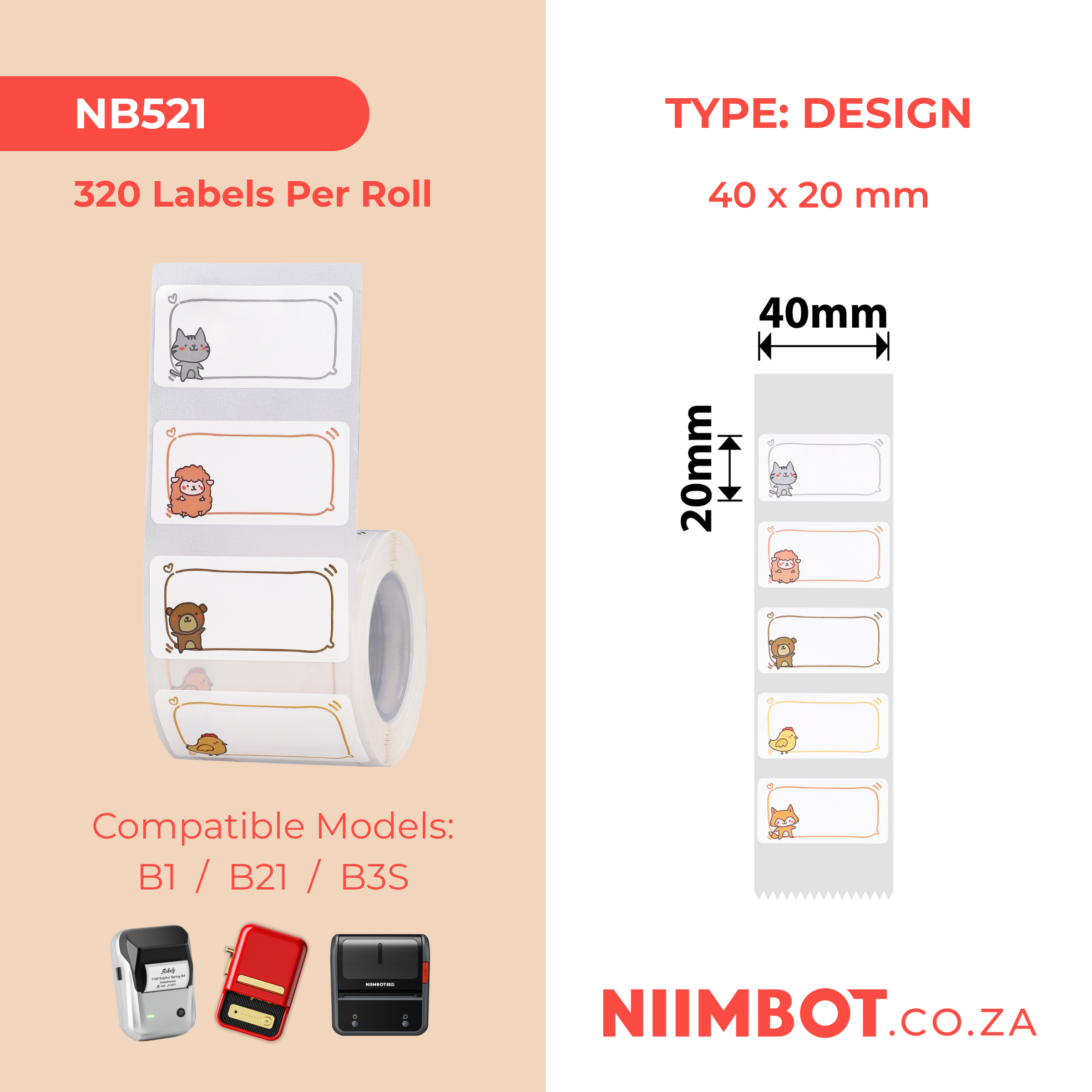 NB521 - NIIMBOT - B1 / B21 / B3S - T40X20MM - 320 LABELS PER ROLL - ANIMAL MESSAGES