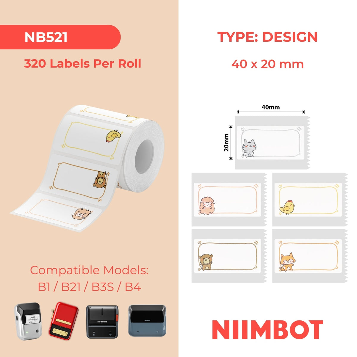 NB521 - NIIMBOT - B1 / B21 / B3S - T40*20MM - 320 ETIKETTE PER ROL - DIEREBOODSKAP