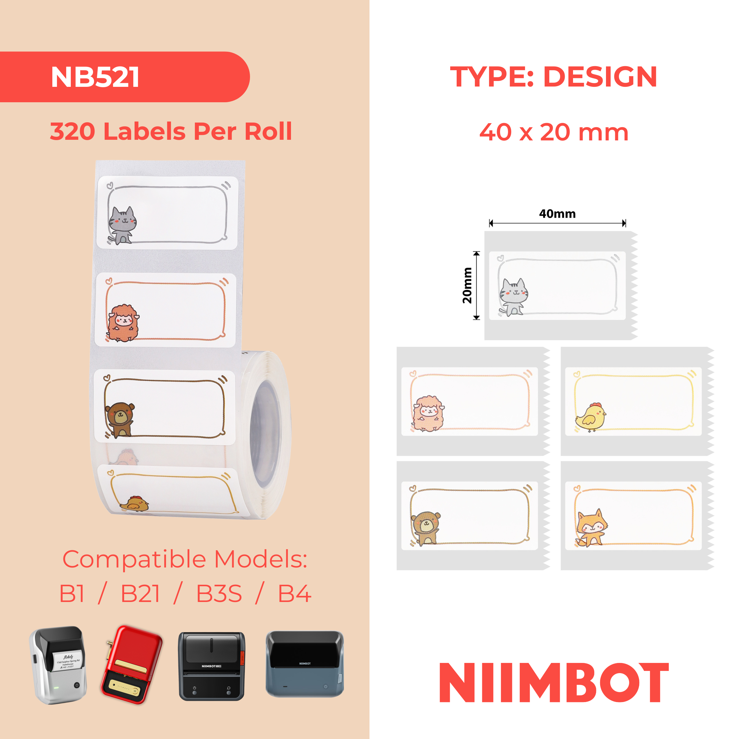 NB521 - NIIMBOT - B1 / B21 / B3S - T40*20MM - 320 ETIKETTE PER ROL - DIEREBOODSKAP
