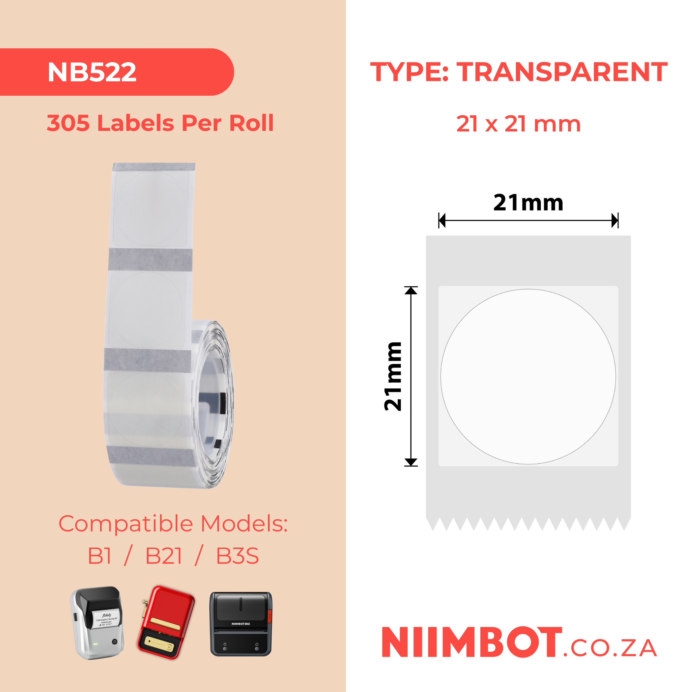 NB522 - NIIMBOT - B1 / B21 / B3S - T21X21MM - 305 LABELS PER ROLL - ROUND - TRANSPARENT
