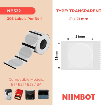NB522 - NIIMBOT - B1 / B21 / B3S - T21*21MM - 305 ETIKETTE PER ROL - ROND - DEURSIGTIG 