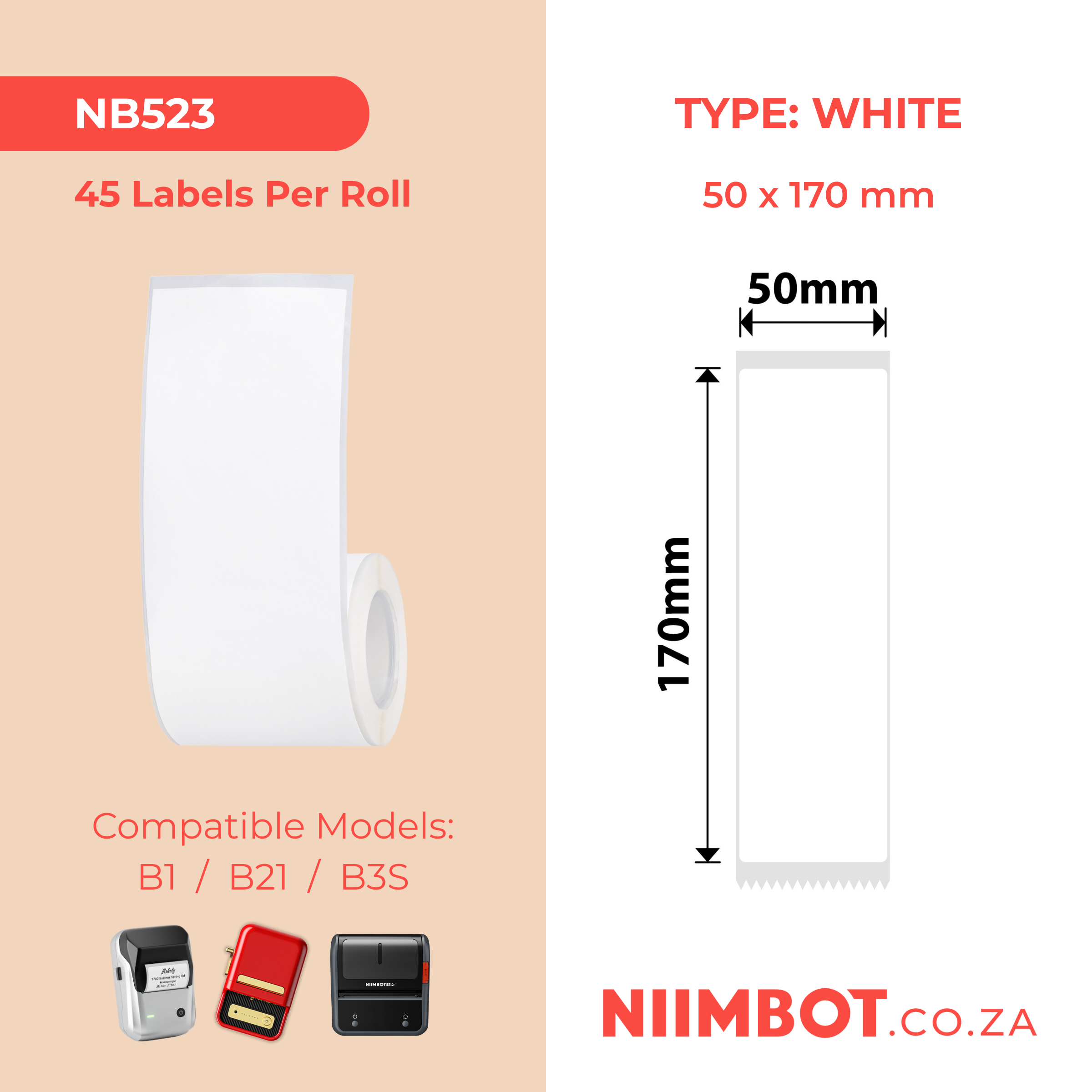 NB523 - NIIMBOT - B1 / B21 / B3S - T50X170MM - 45 LABELS PER ROLL - RECTANGLE - WHITE