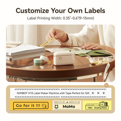 I-NIIMBOT - PORTABLE BLUETOOTH LABEL PRINTER - Imodeli ye-H1S KUBANDAKANYA I-LABEL TAPE YAMAHHALA - 15MM * 7.5METERS - CONTINUOUS LABEL ROLL FEATURE