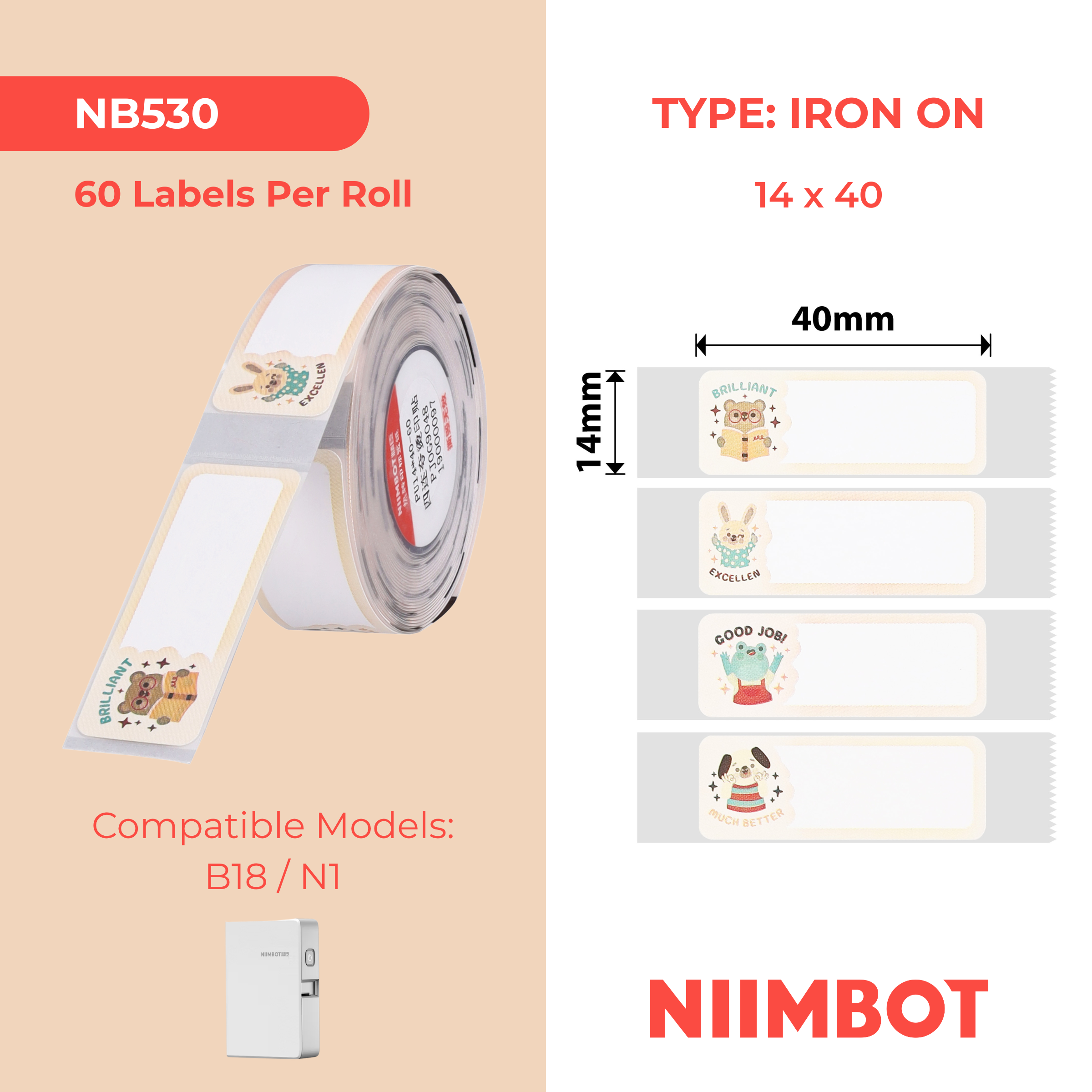 NB530 - Niimbot - N1 - 14x40mm - 60 Inspiring Animals Iron On Labels