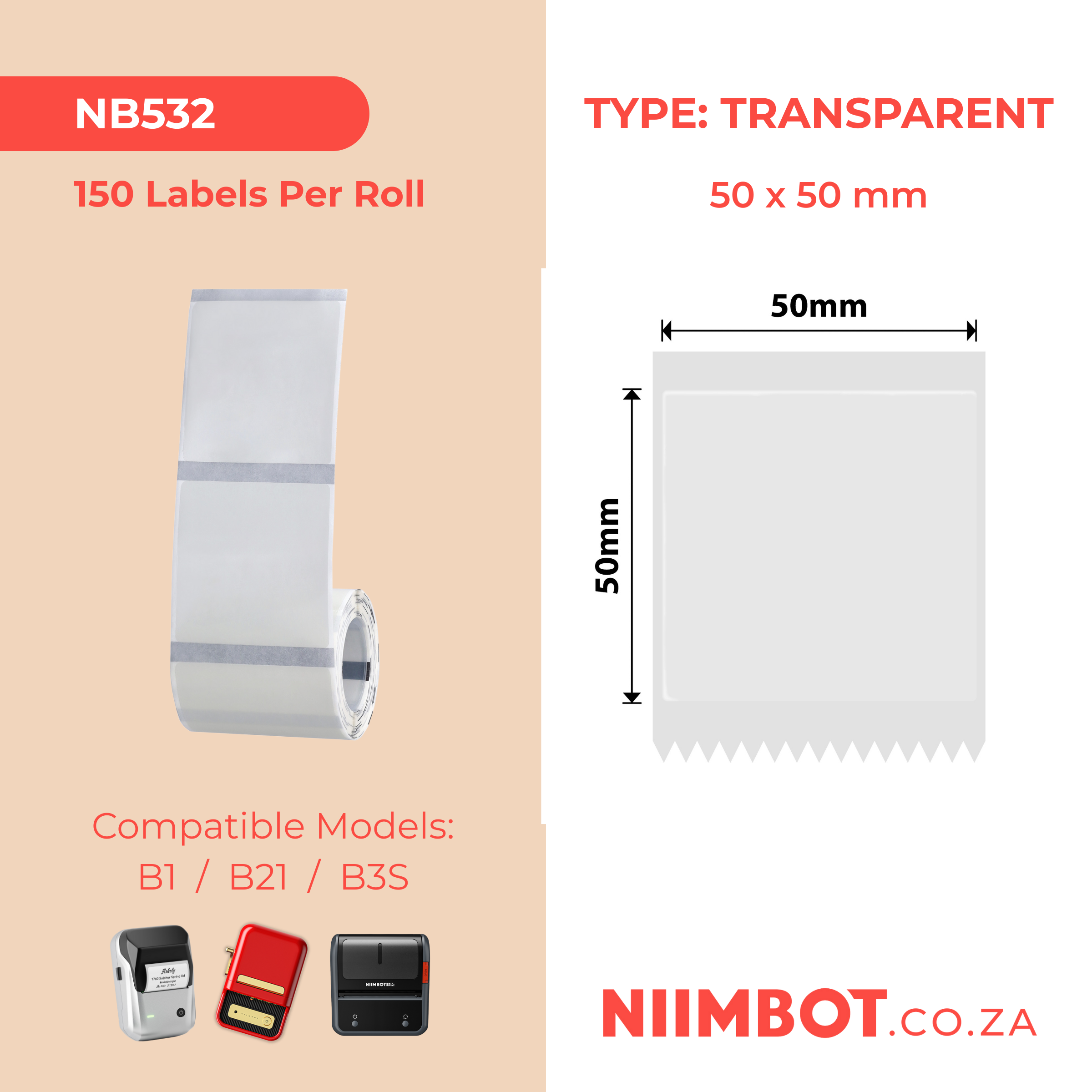 NB532 - NIIMBOT - B1 / B21 / B3S - 50X50MM - 150 LABELS PER ROLL - TRANSPARENT