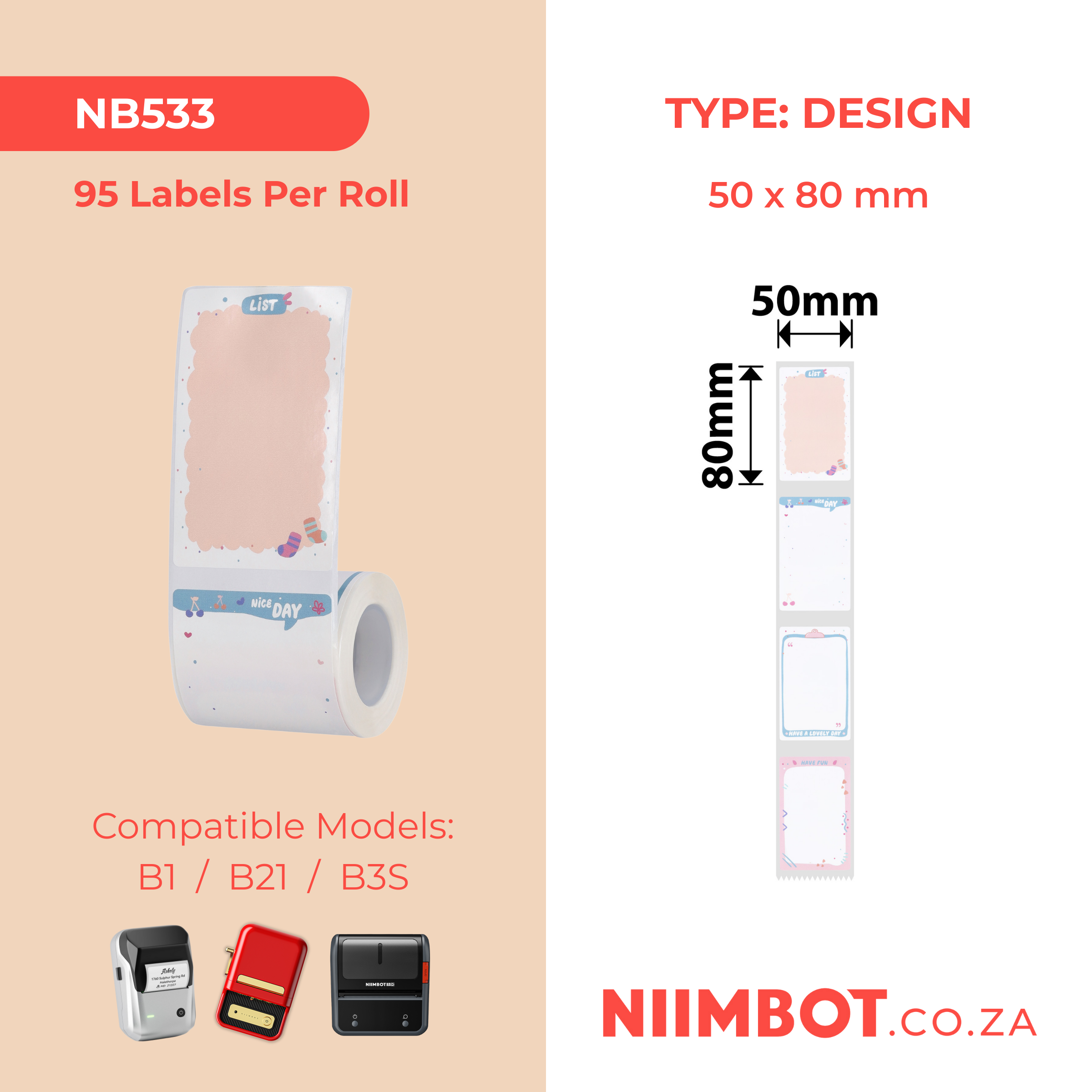 NB533 - NIIMBOT - B1 / B21 / B3S - T50X80MM - 95 LABELS - CUTE MEMO