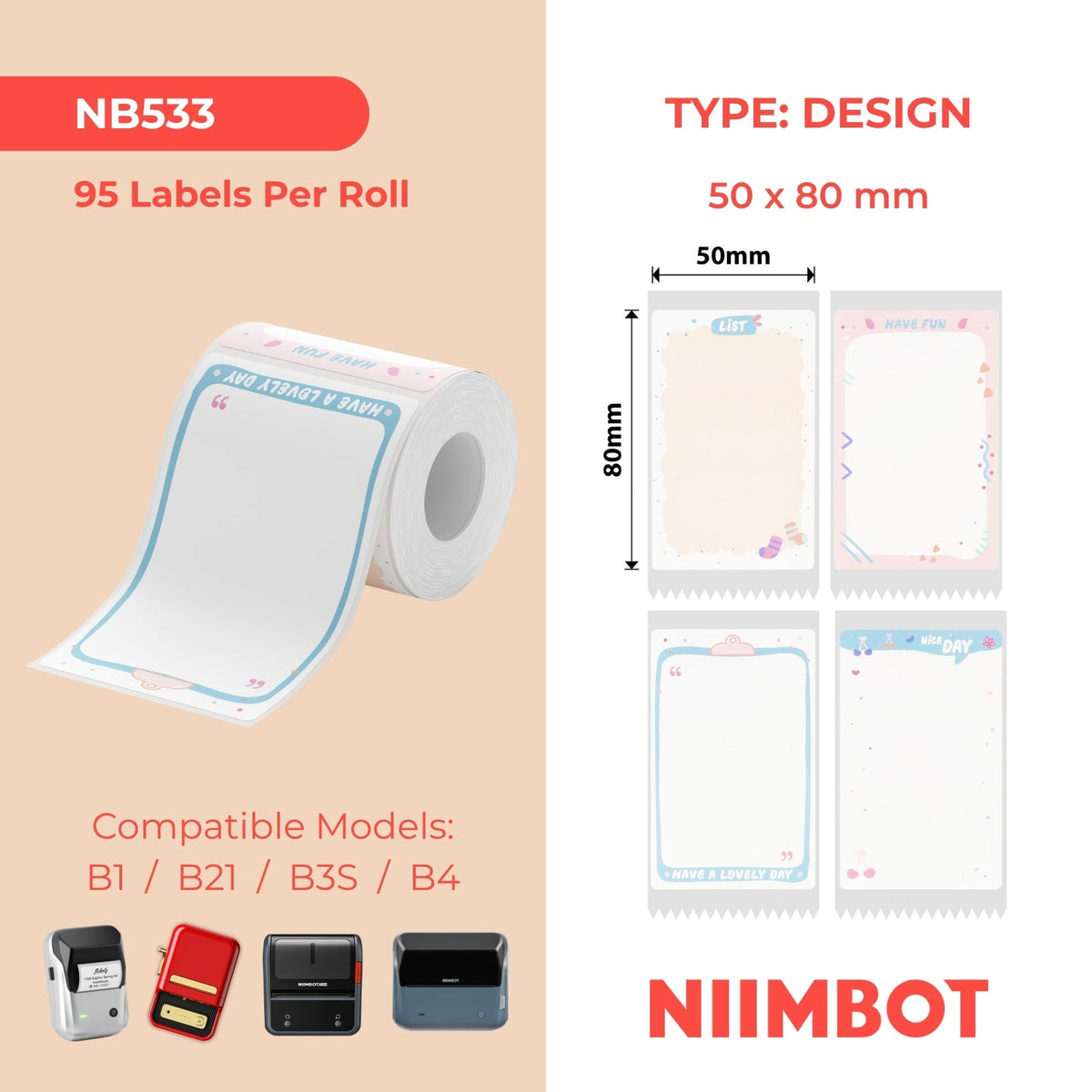 NB533 - NIIMBOT - B1 / B21 / B3S - T50*80MM - 95 ETIKETTE - OULIKE MEMO