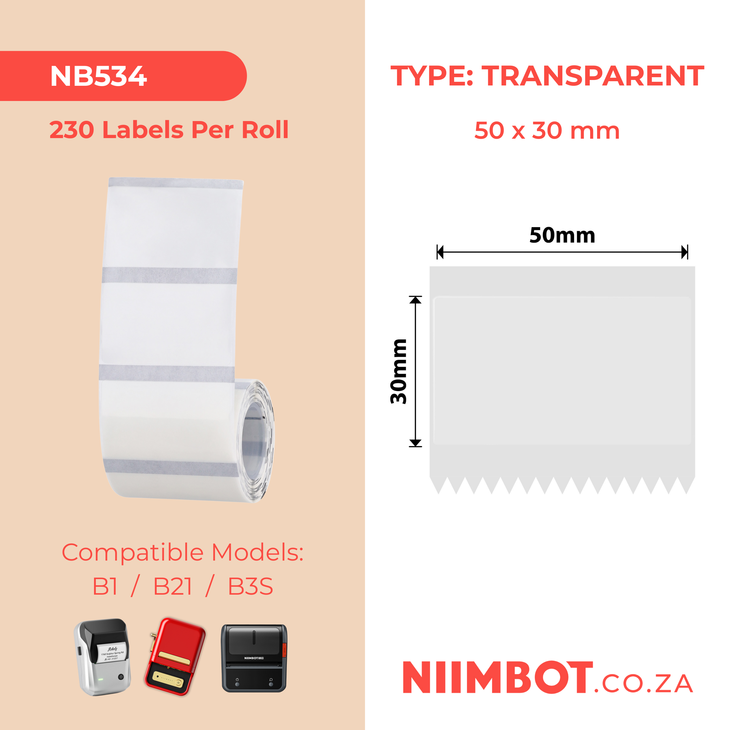 NB534 - NIIMBOT - B1 / B21 / B3S - TT50X30MM - 230 LABELS PER ROLL - TRANSPARENT