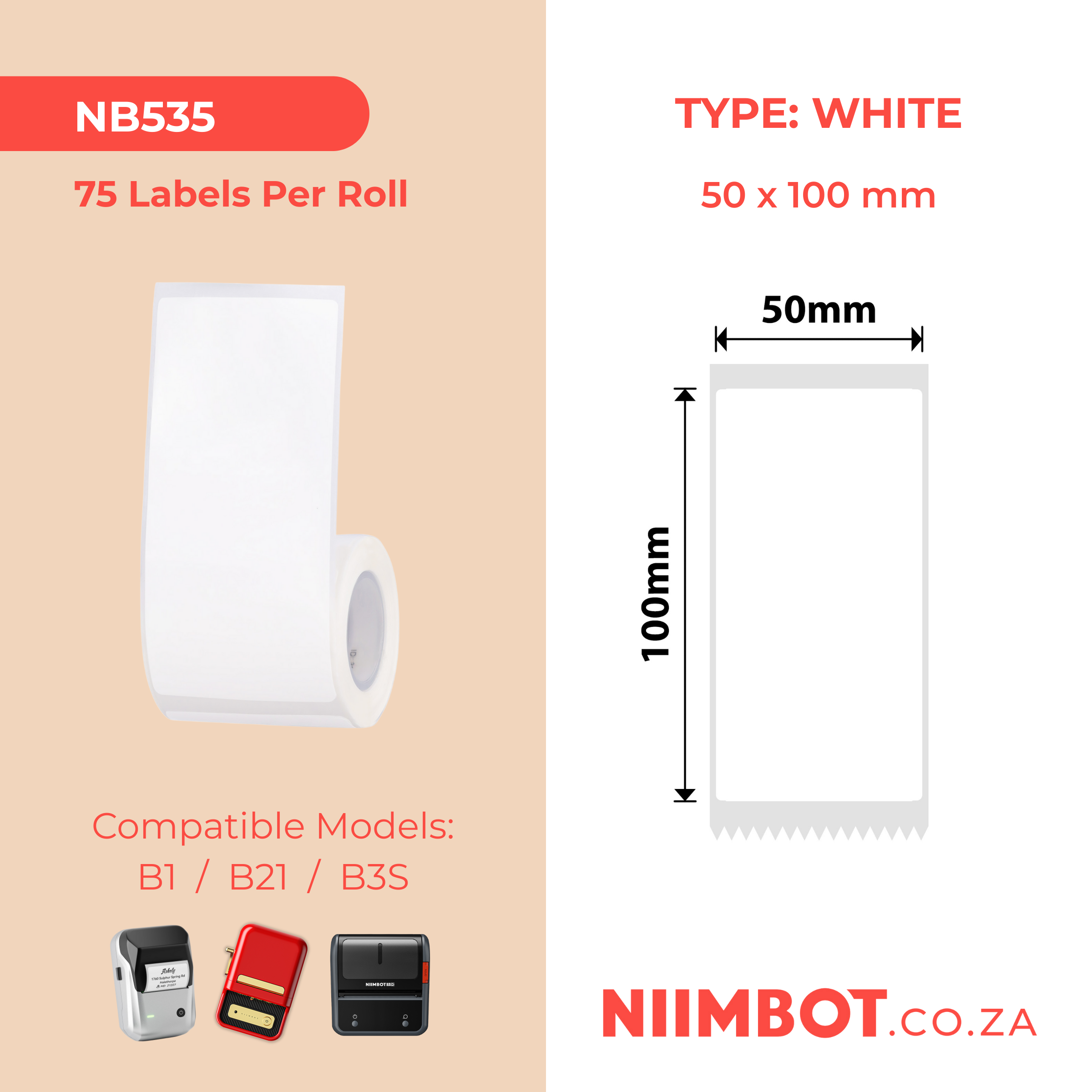 NB535 - NIIMBOT - B1 / B21 / B3S - T50X100MM - 75 LABELS PER ROLL - WHITE