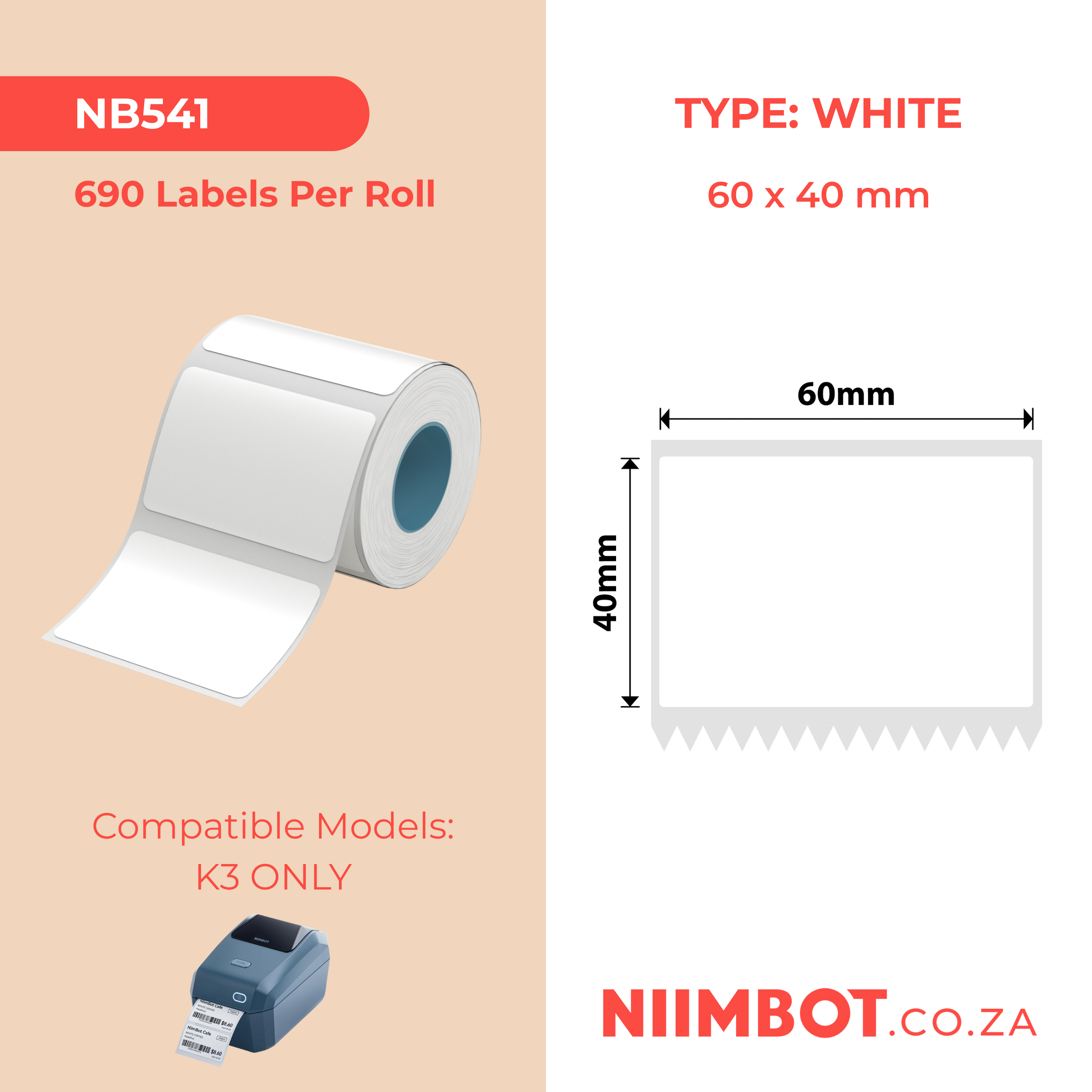 NB541 - NIIMBOT - K2 / K3  - T60X40MM - 690 LABELS PER ROLL - WHITE