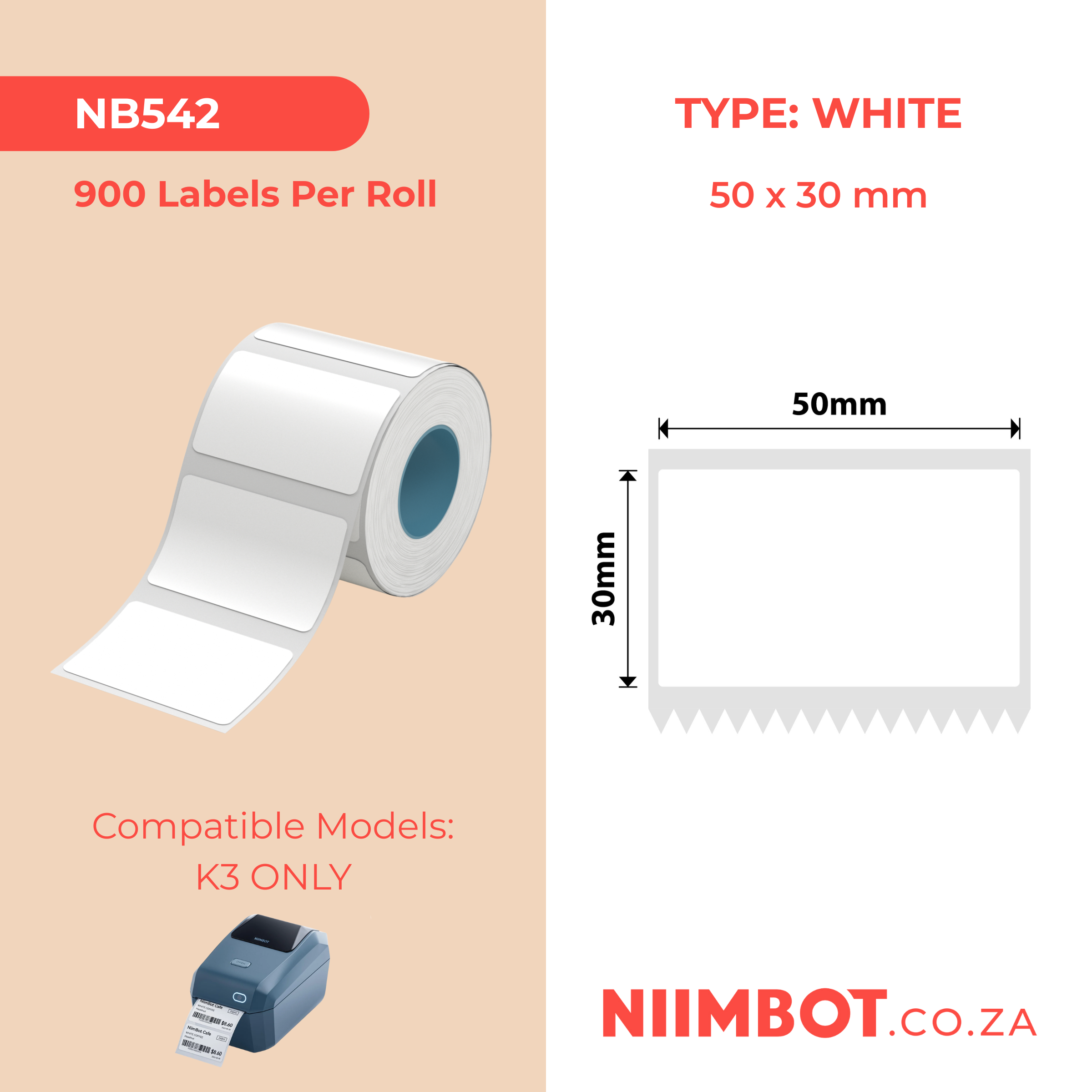 NB542 - NIIMBOT - K2 / K3 - T50X30MM - 900 LABELS PER ROLL - WHITE