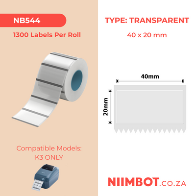 NB544 - NIIMBOT - K2 / K3 - 40X20MM - 1,300 TRANSPARENT LABELS