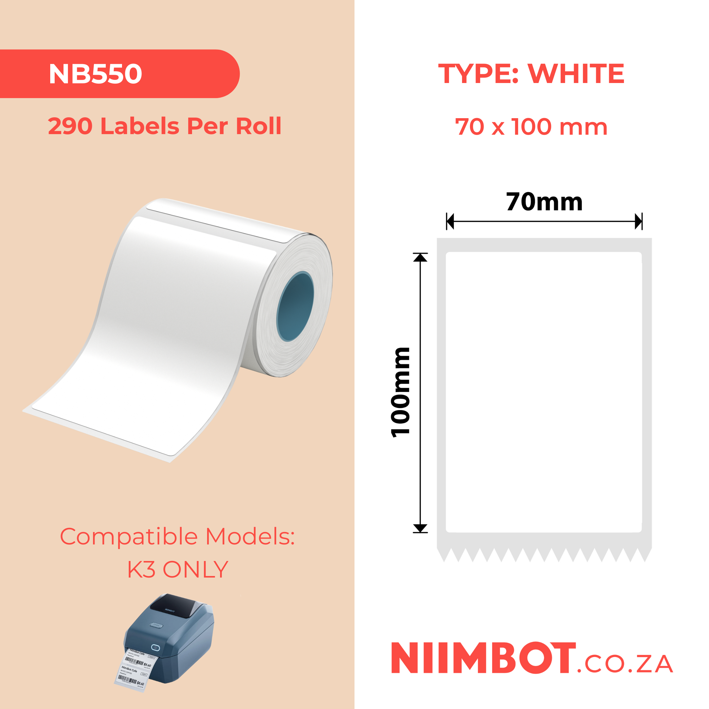 NB550 - NIIMBOT - K3 ONLY - T70X100MM - 290 LABELS PER ROLL - WHITE