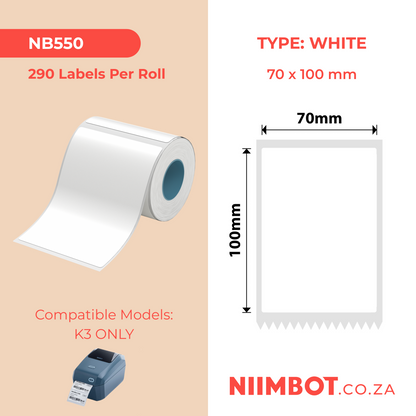 NB550 - NIIMBOT - K3 ONLY - T70X100MM - 290 LABELS PER ROLL - WHITE