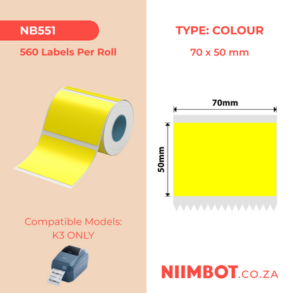 NB551 - NIIMBOT - K3 ONLY - T70X50MM - 560 LABELS PER ROLL - YELLOW