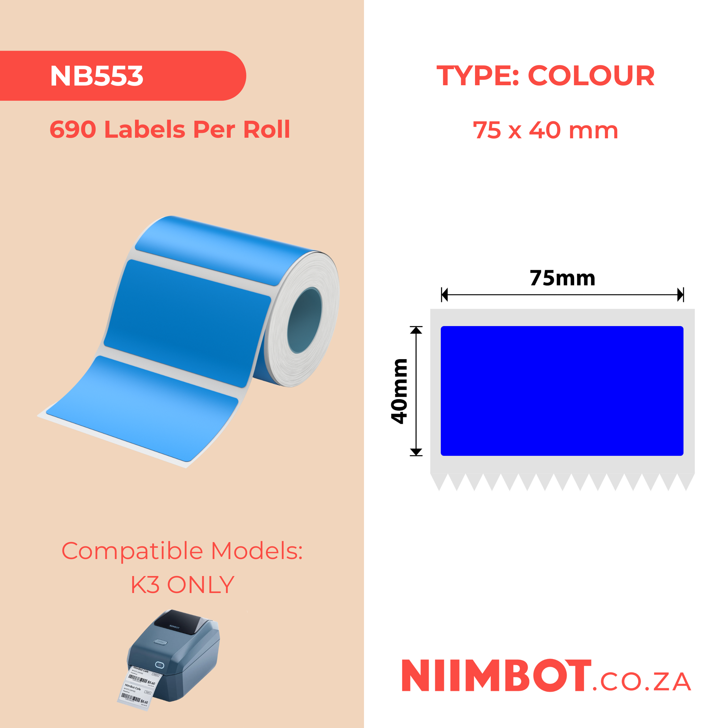 NIIMBOT - K3 Only - 75x40mm - Blue - 690 Labels