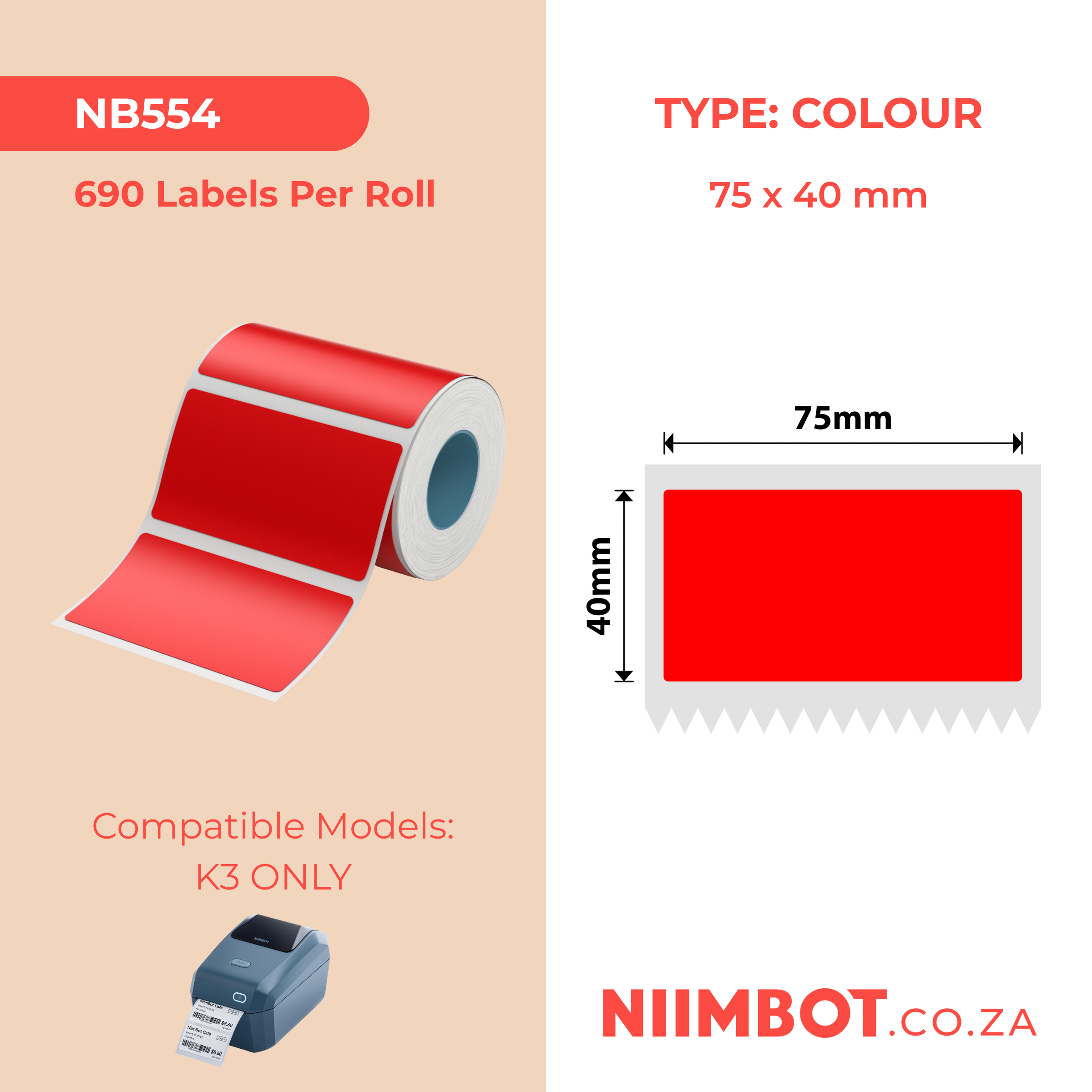 NB554 - NIIMBOT - K3 ONLY - T75X40MM - 690 LABELS PER ROLL - RED