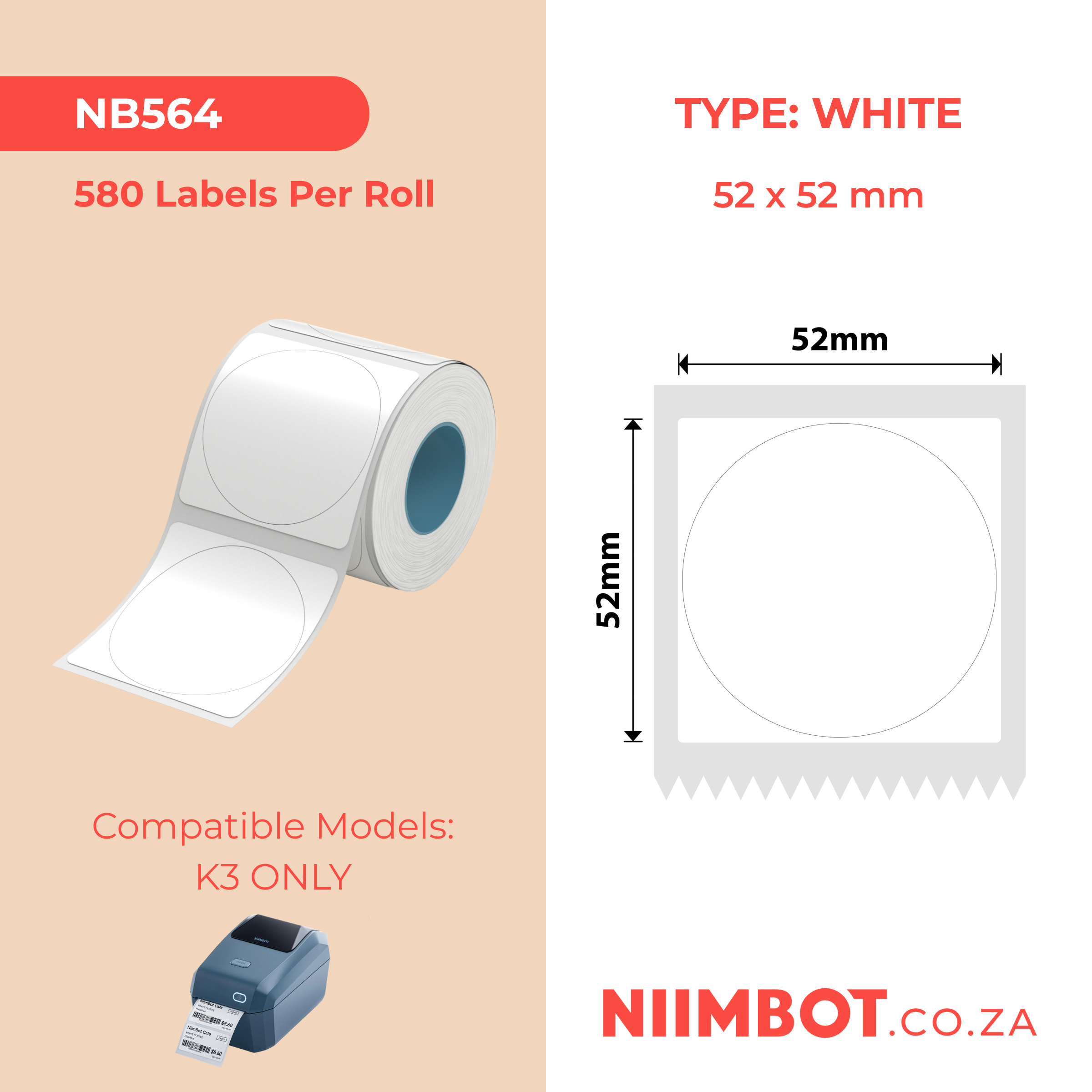 NB564 - NIIMBOT - K3 ONLY - T52X52MM - 580 LABELS PER ROLL - WHITE ROUND