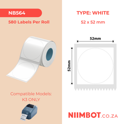 NB564 - NIIMBOT - K3 ONLY - T52X52MM - 580 LABELS PER ROLL - WHITE ROUND