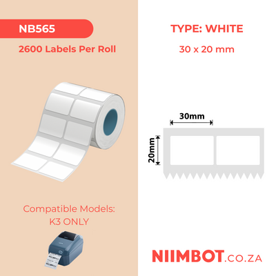 NB565 - NIIMBOT - K3 ONLY - 30X20MM/2L - 2,600 WHITE LABELS