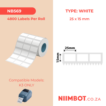 NB569 - NIIMBOT - K3 ONLY - T25X15MM/3L - 4,800 LABELS PER ROLL - WHITE