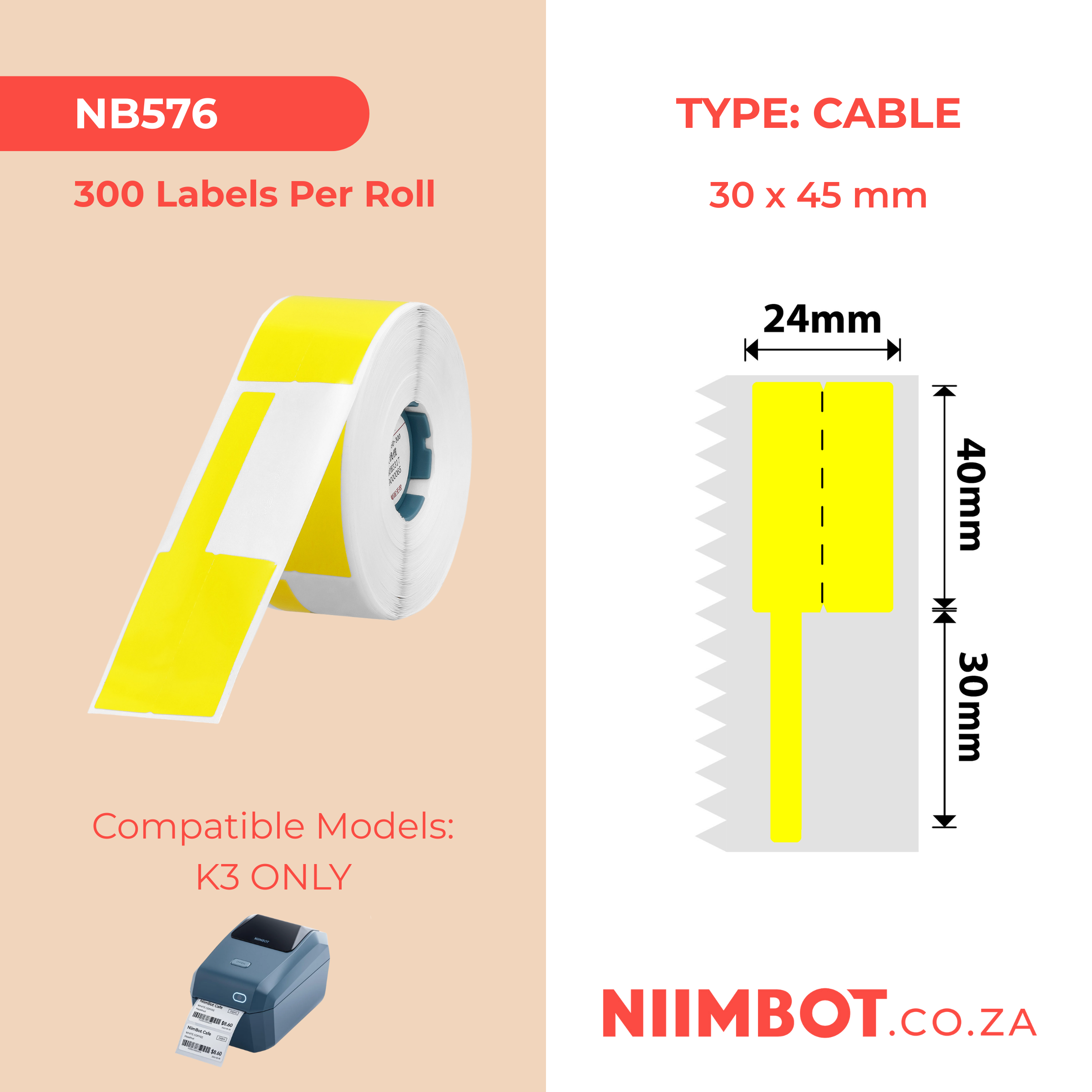 NB576 - NIIMBOT - K2 / K3 - T30X45+50MM - 300 LABELS PER ROLL - YELLOW - CABLE