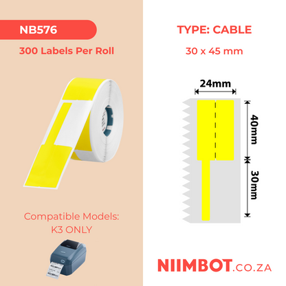NB576 - NIIMBOT - K2 / K3 - T30X45+50MM - 300 LABELS PER ROLL - YELLOW - CABLE