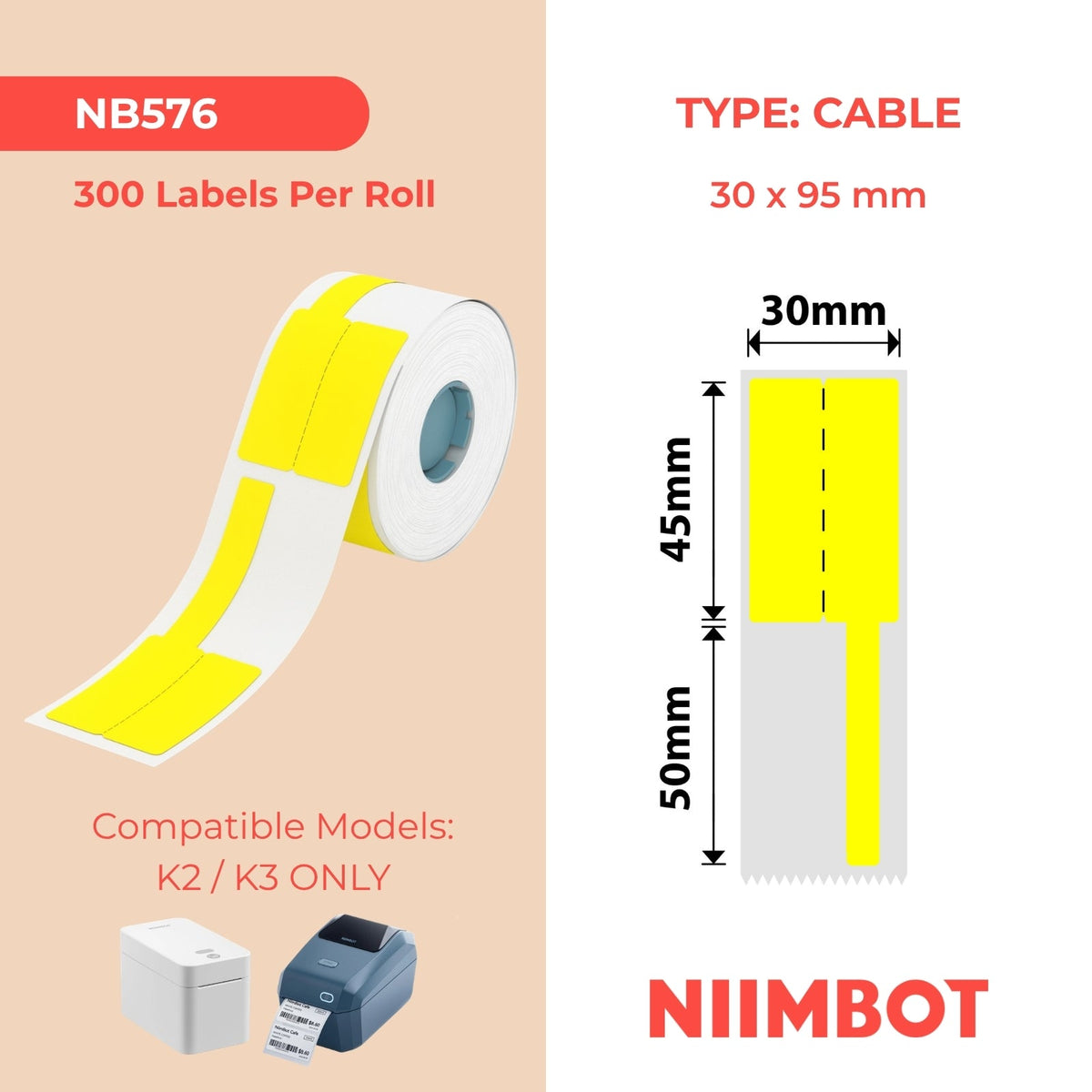 NIIMBOT - K Range - 30x45+50mm - Yellow Cable - 300 Labels