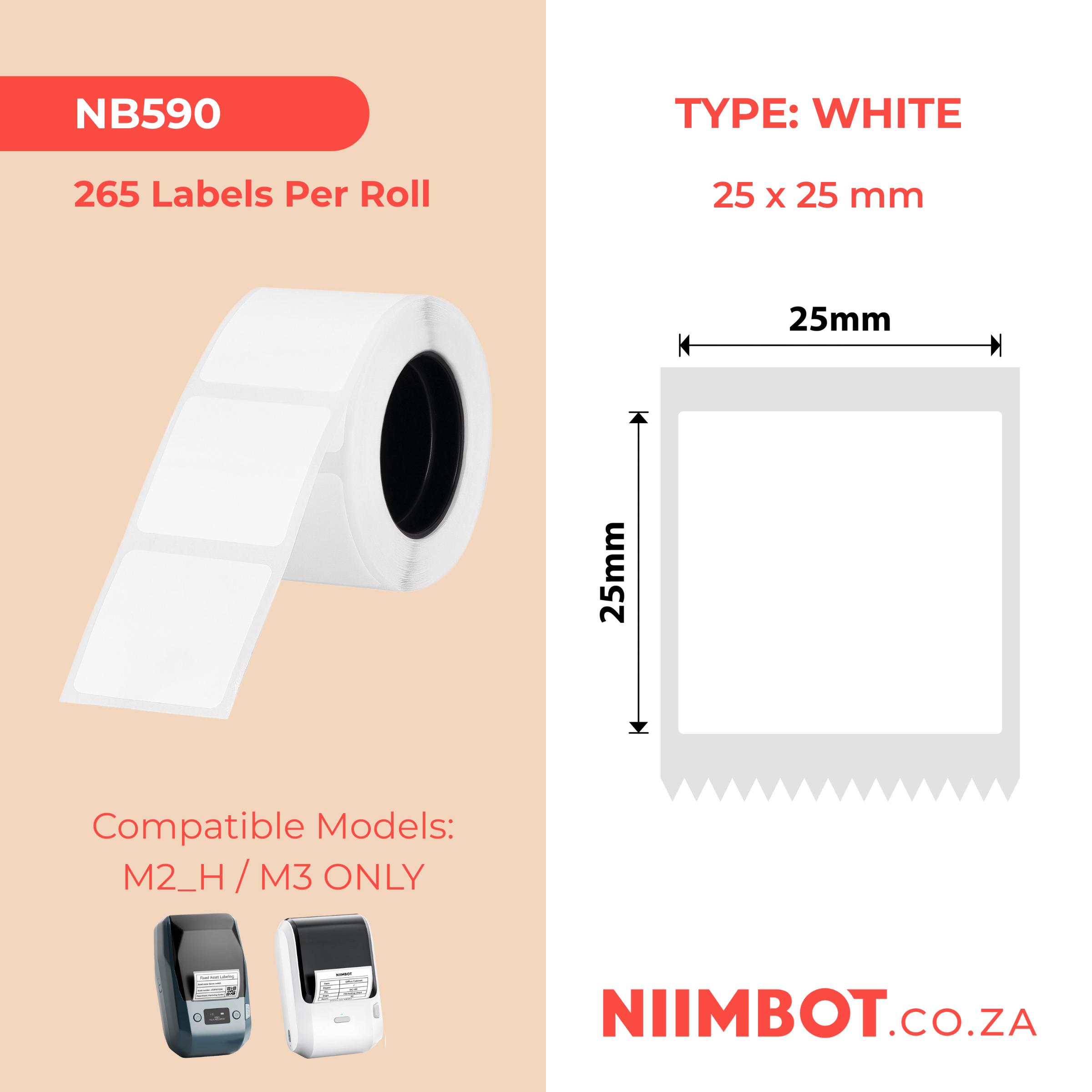 NB590 - NIIMBOT - M2 / M3 - EW25X25MM - 265 THERMAL TRANSFER LABELS - WHITE - PET