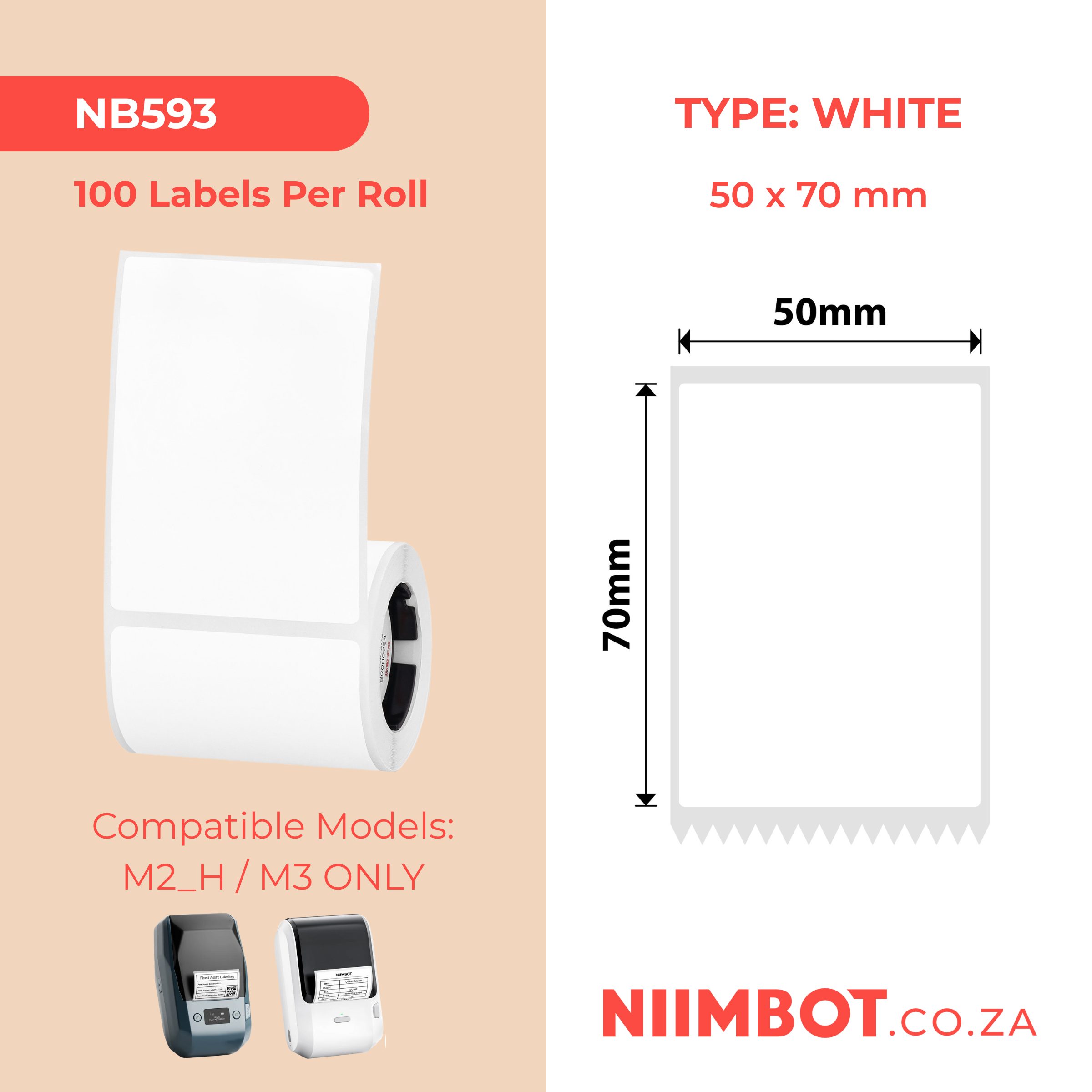 NB593 - NIIMBOT - M2 / M3 - EW50X70MM - 100 THERMAL TRANSFER LABELS - WHITE - RECTANGLE PET