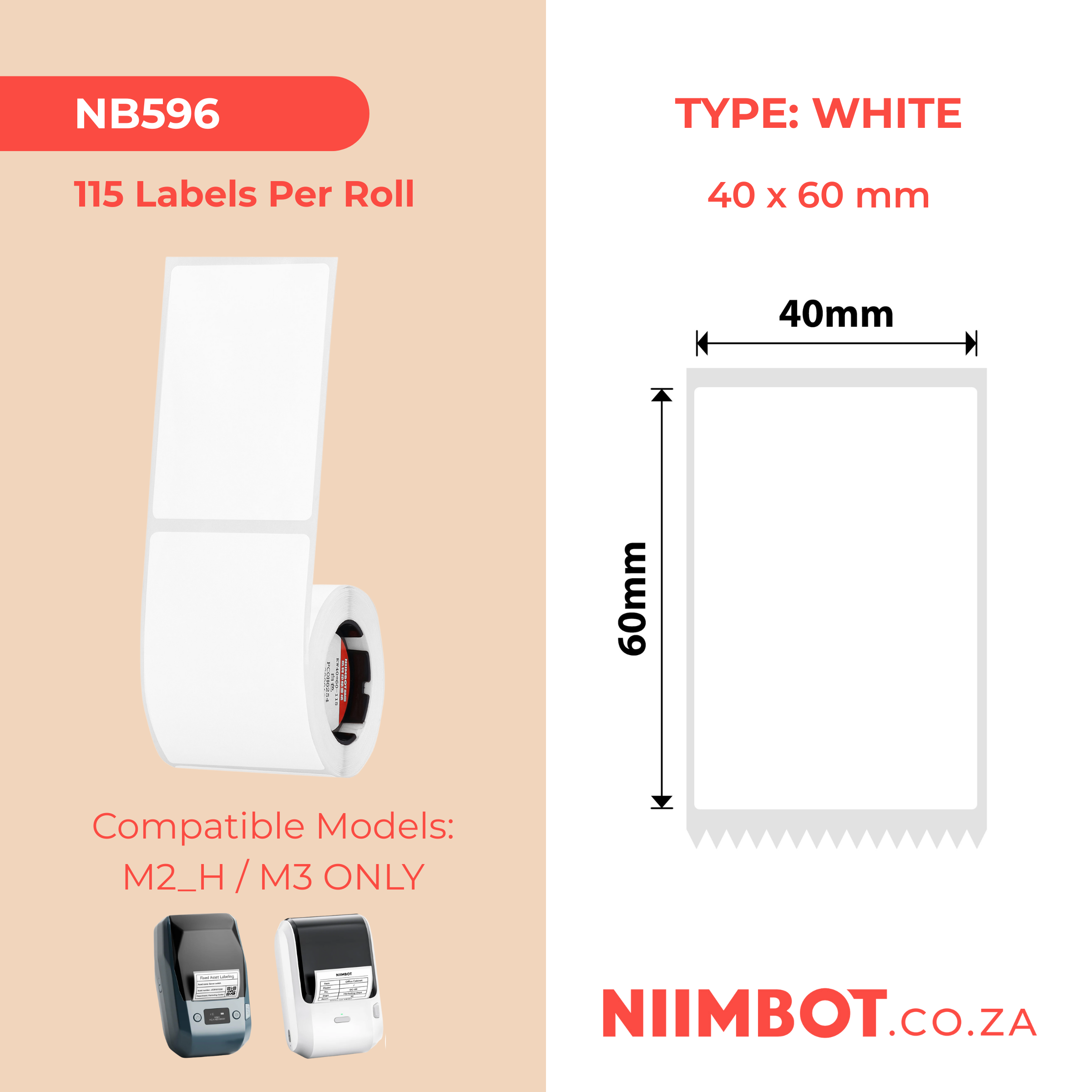 NB596 - NIIMBOT - M2 / M3 - EW40X60MM - 115 THERMAL TRANSFER LABELS - WHITE - RECTANGLE - PET