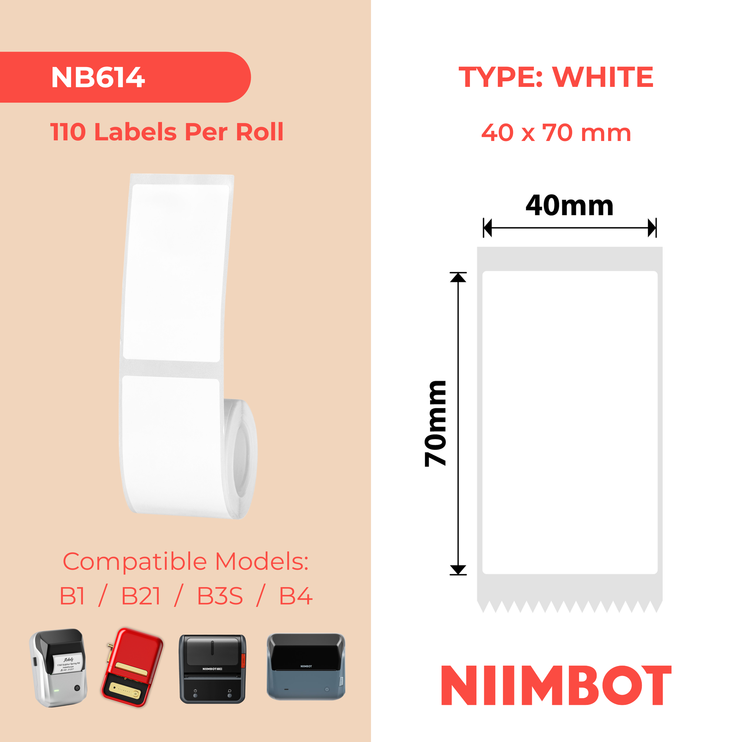 NB614 - NIIMBOT - B1 / B21 / B3S / B4 - 40X70MM - 110 WHITE LABELS