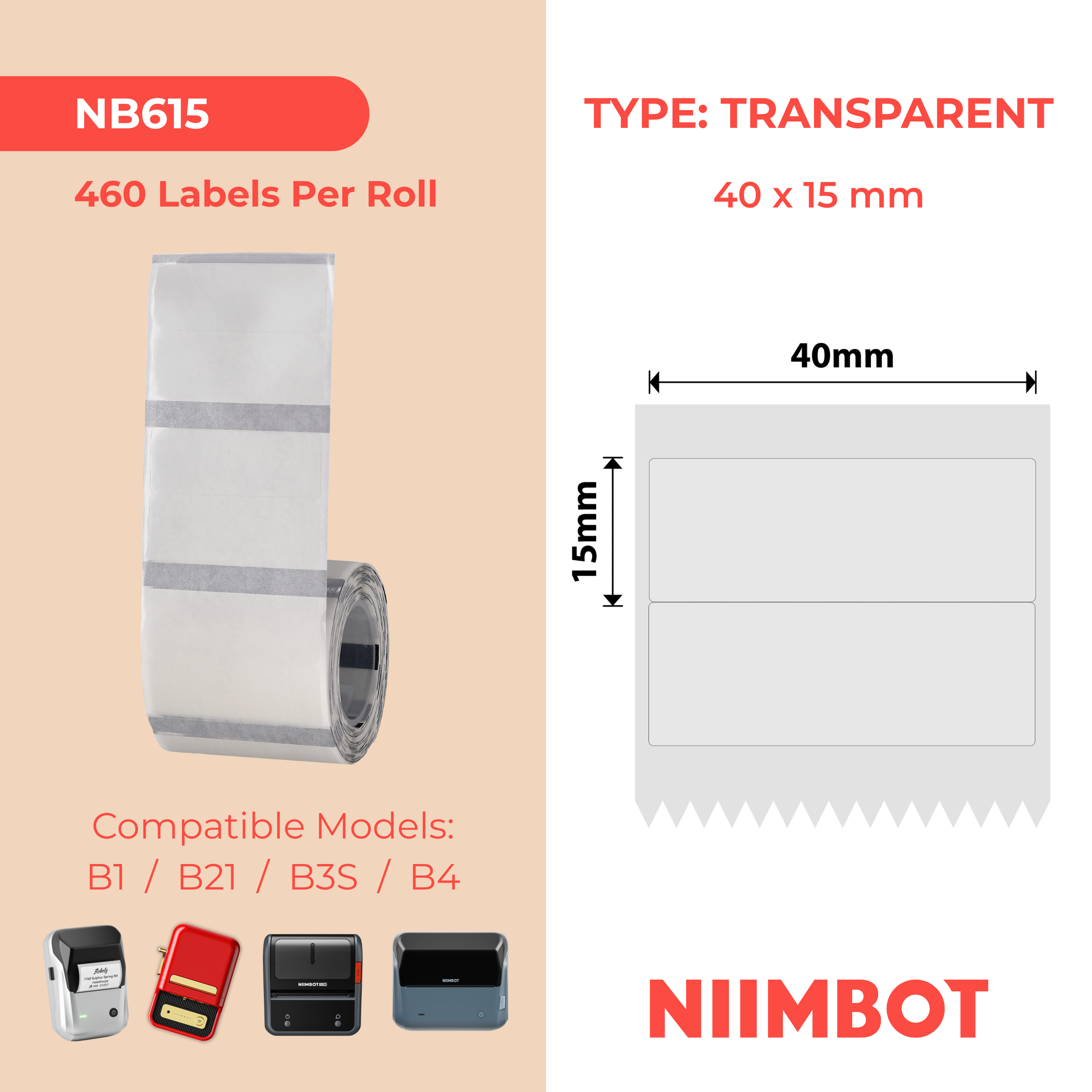 NB615 - NIIMBOT - B1 / B21 / B3S / B4 - 40X15MM/2R - 460 TRANSPARENT LABELS