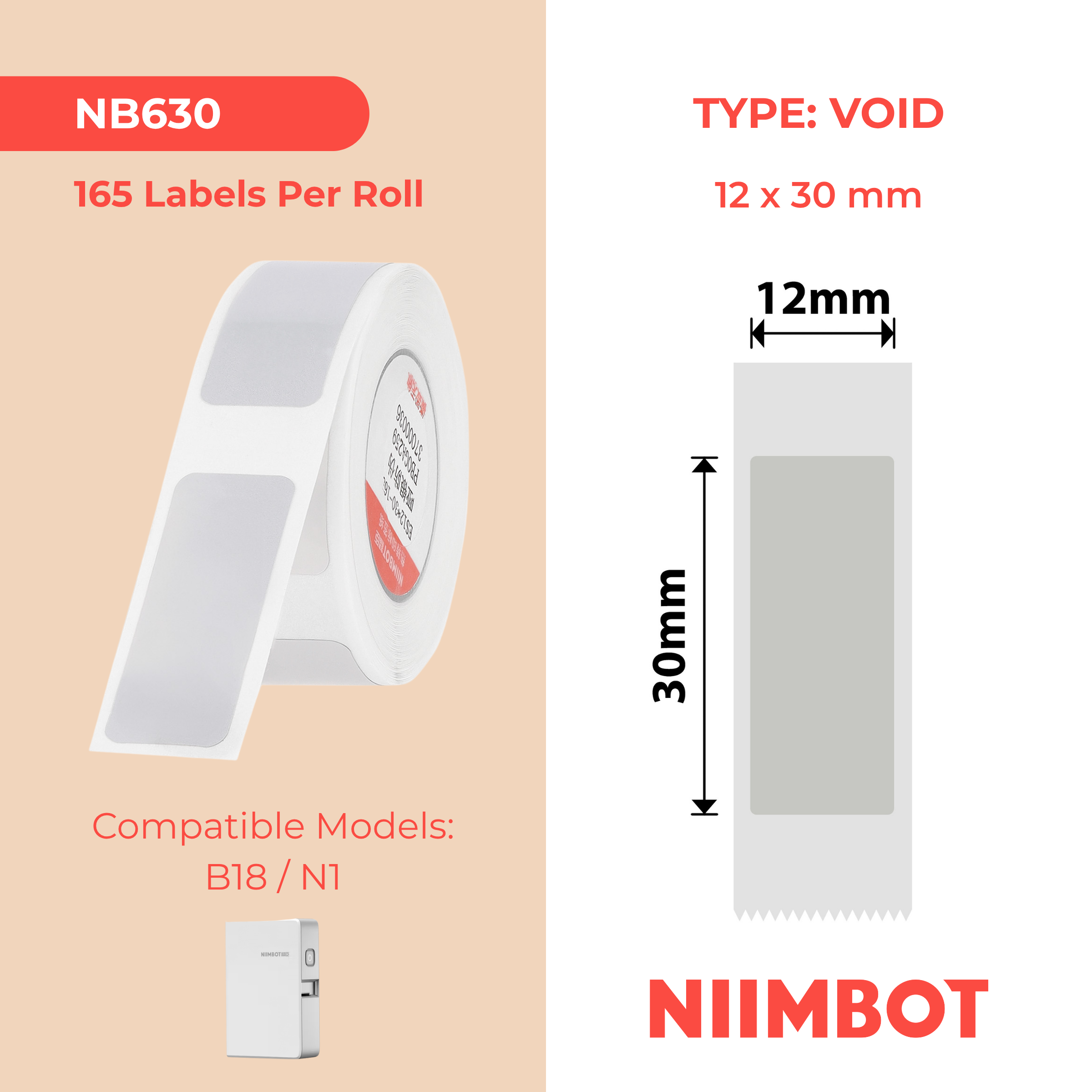 NB630 - Niimbot - N1 - 12x30mm - 165 Silver Void Labels