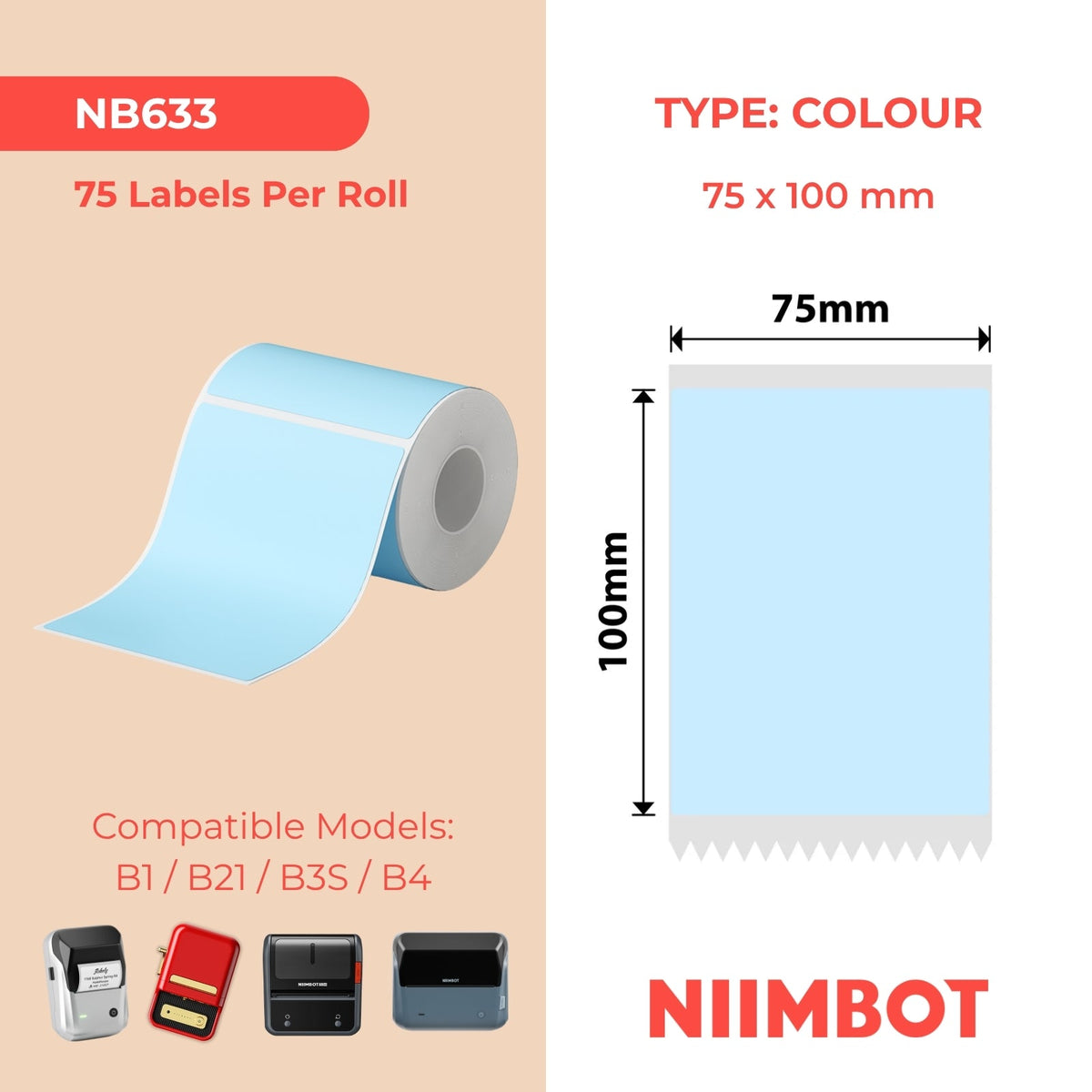 NIIMBOT - B Range - 75x100mm - Baby Blue - 75 Labels