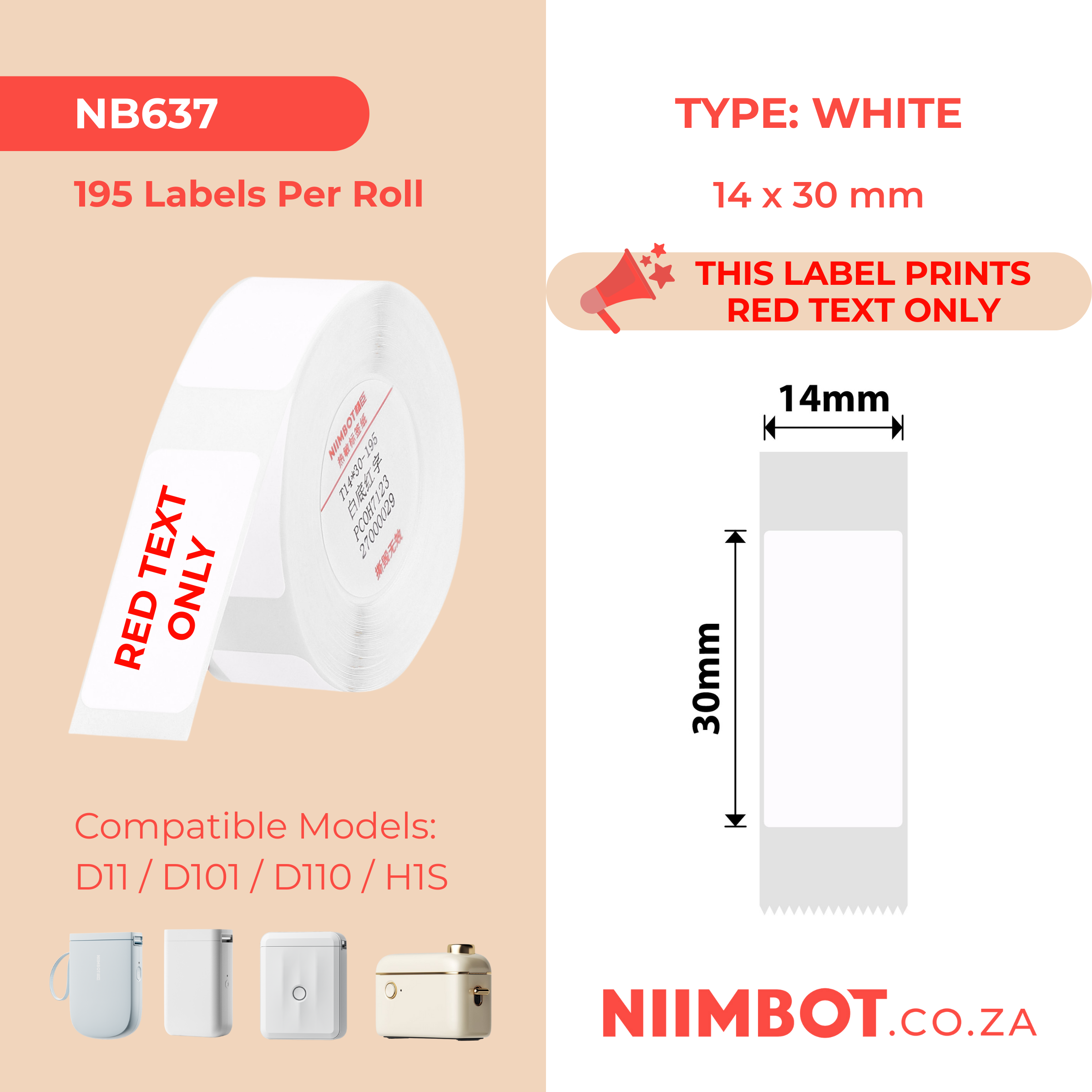 NB637 - NIIMBOT - D11 / D101 / D110 / H1S - T14X30 - 195 LABELS PER ROLL - WHITE - RED TEXT ONLY - RECTANGLE