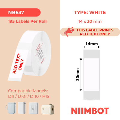 NB637 - NIIMBOT - D11 / D101 / D110 / H1S - 14X30MM - 195 WHITE RED TEXT ONLY LABELS