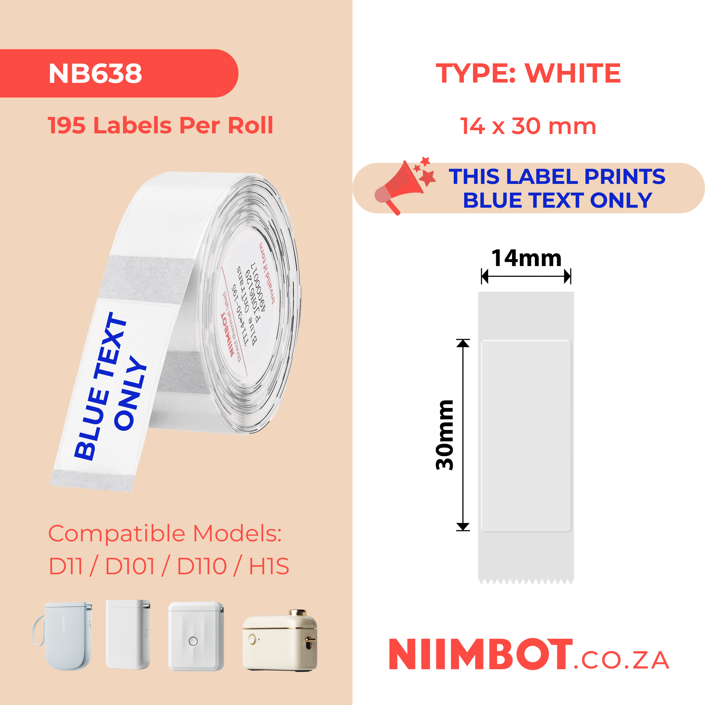 NB638 - NIIMBOT - D11 / D101 / D110 / H1S - T14X30 - 195 LABELS PER ROLL -  TRANSPARENT - BLUE TEXT ONLY - RECTANGLE