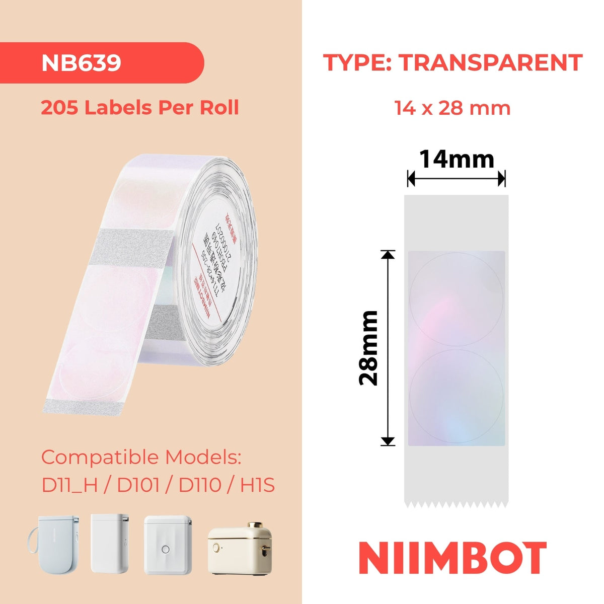 NIIMBOT - D Range - 14x28mm - Pink Round Transparent - 205 Labels