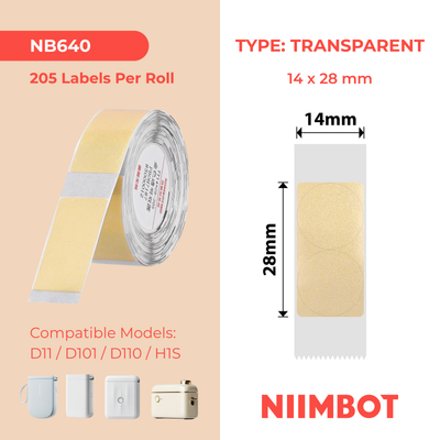 NB640 - NIIMBOT - D11 / D101 / D110 / H1S - 14X28MM - 205 ROUND GOLD TRANSPARENT LABELS