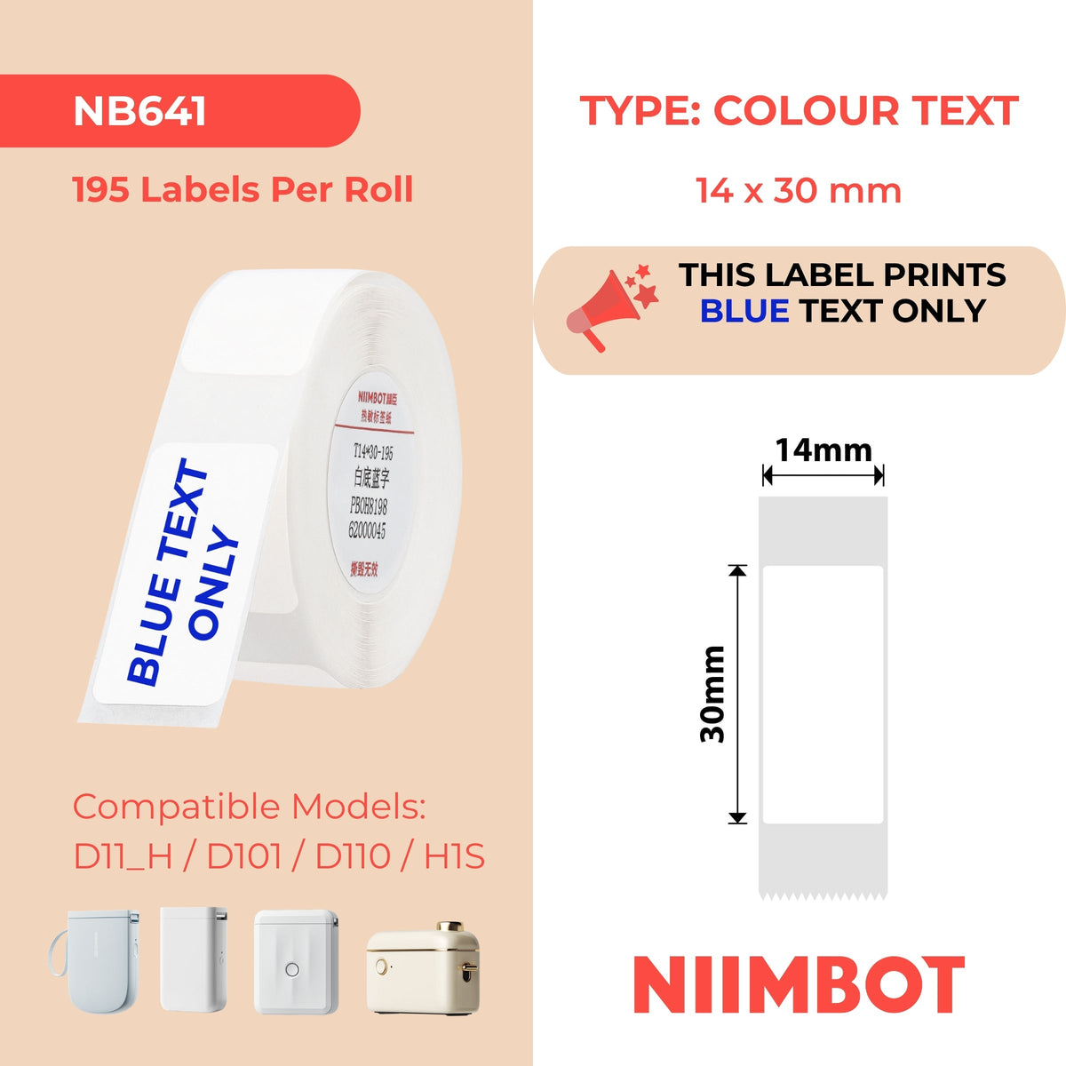 NIIMBOT - D Range - 14x30mm - White Blue Text Only - 195 Labels