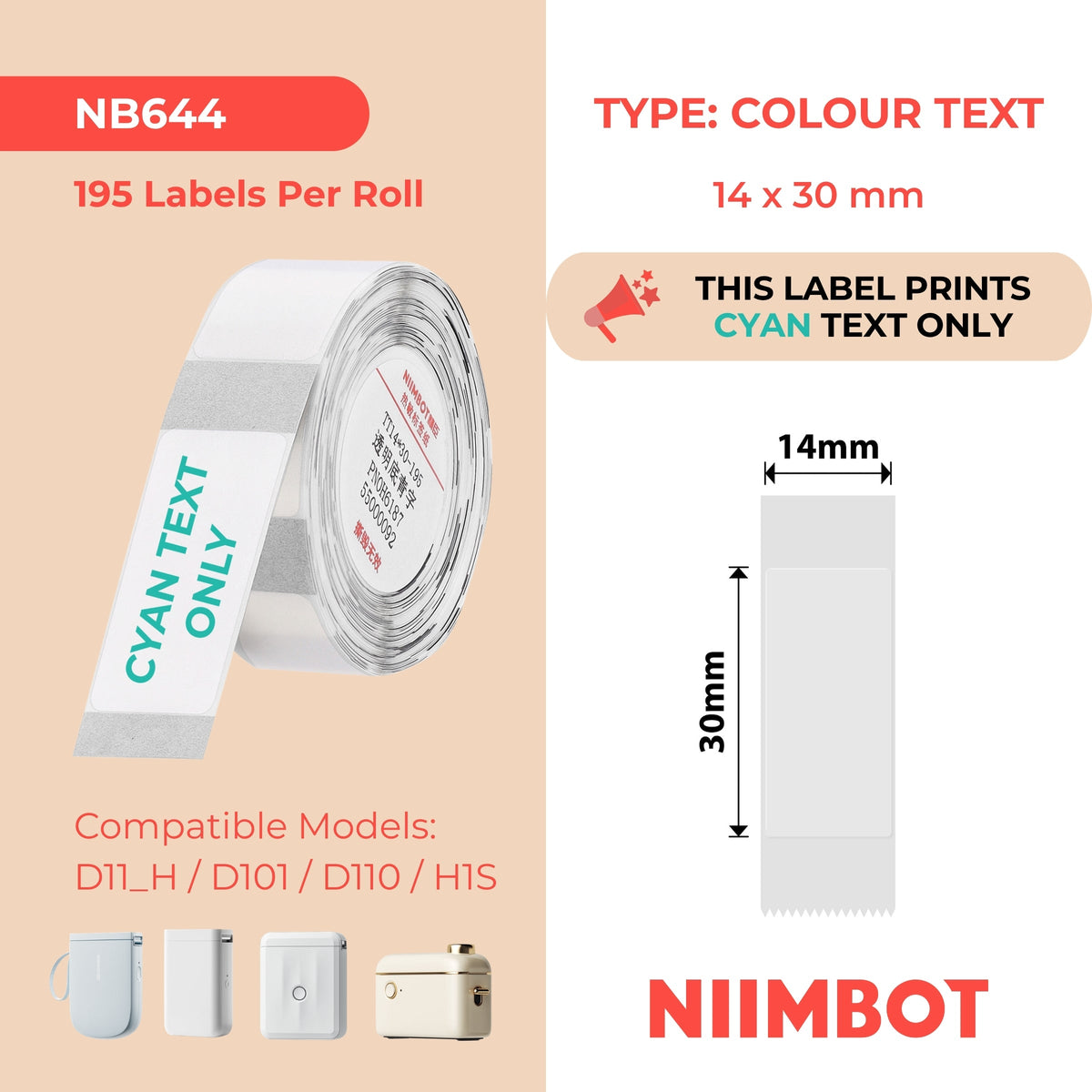 NIIMBOT - D Range - 14x30mm - Transparent Cyan Text - 195 Labels