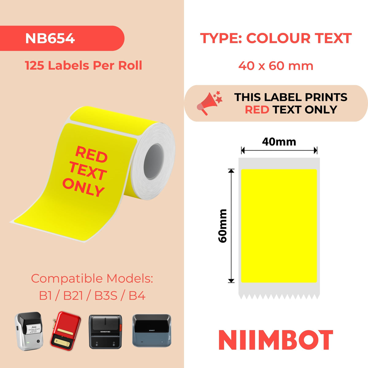 NIIMBOT - B Range - 40x60mm - Yellow Red Text Only - 125 Labels