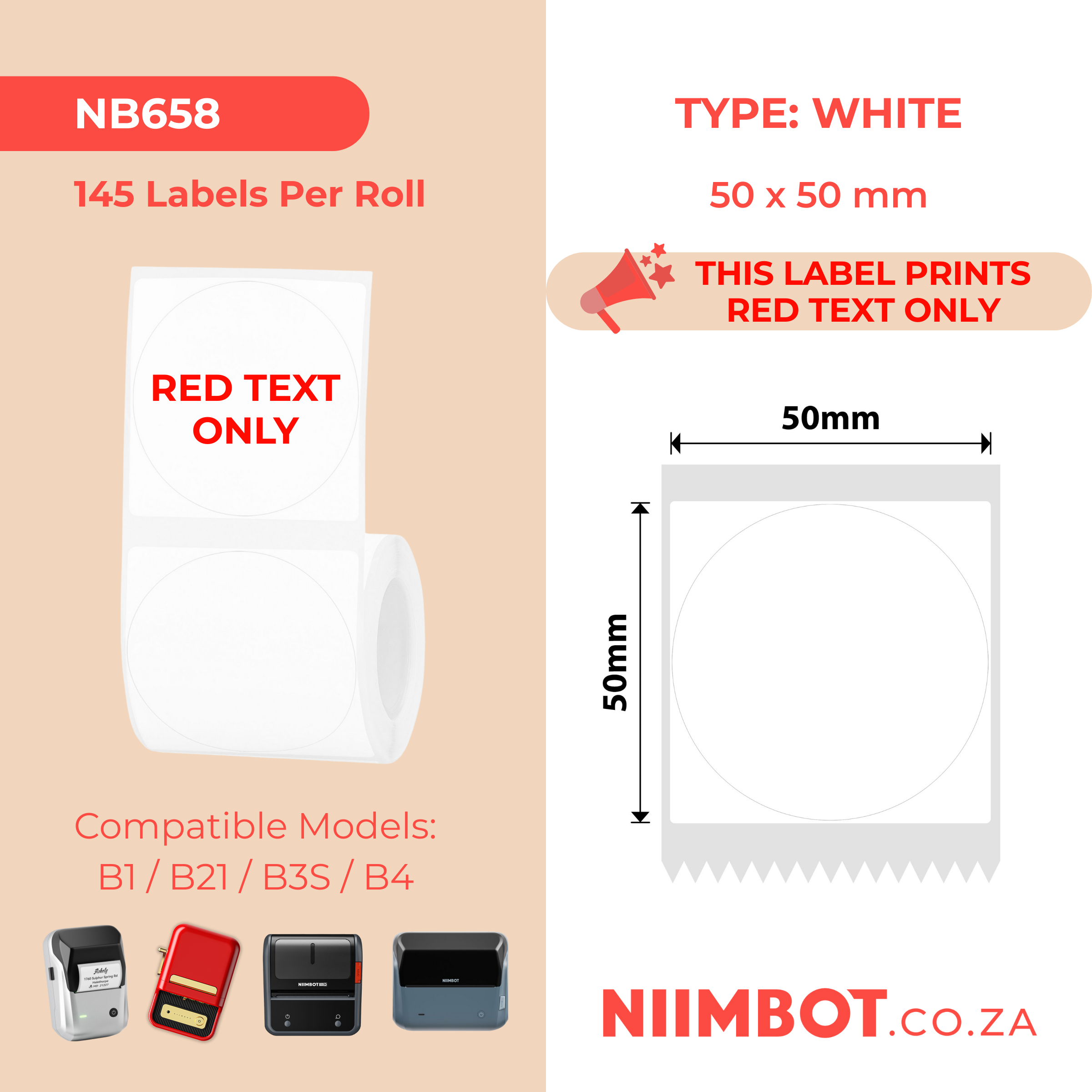 NB658 - NIIMBOT - B1 / B21 / B3S / B4 - T50X50 - 145 LABELS PER ROLL - WHITE - RED TEXT ONLY - ROUND